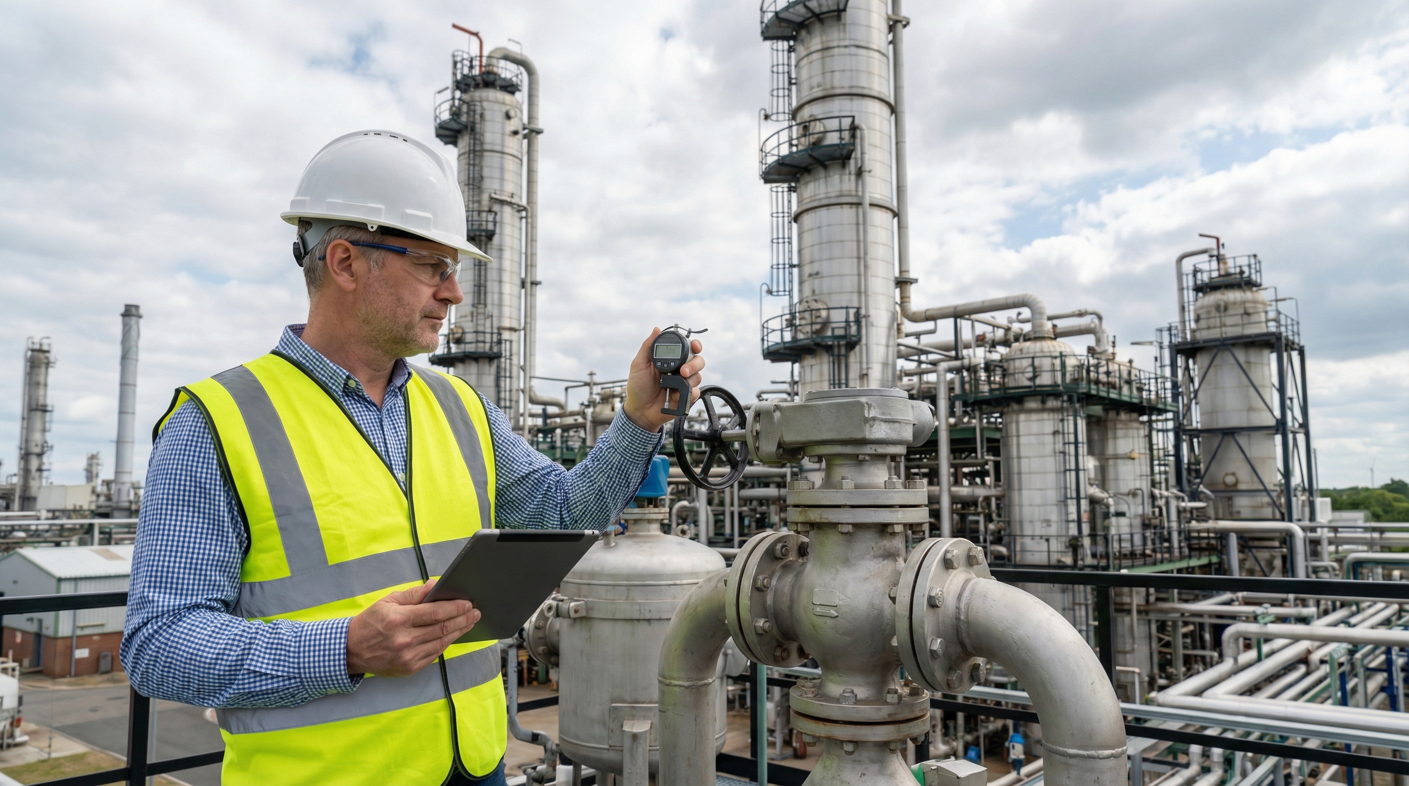 Professional appraiser inspecting chemical plant equipment