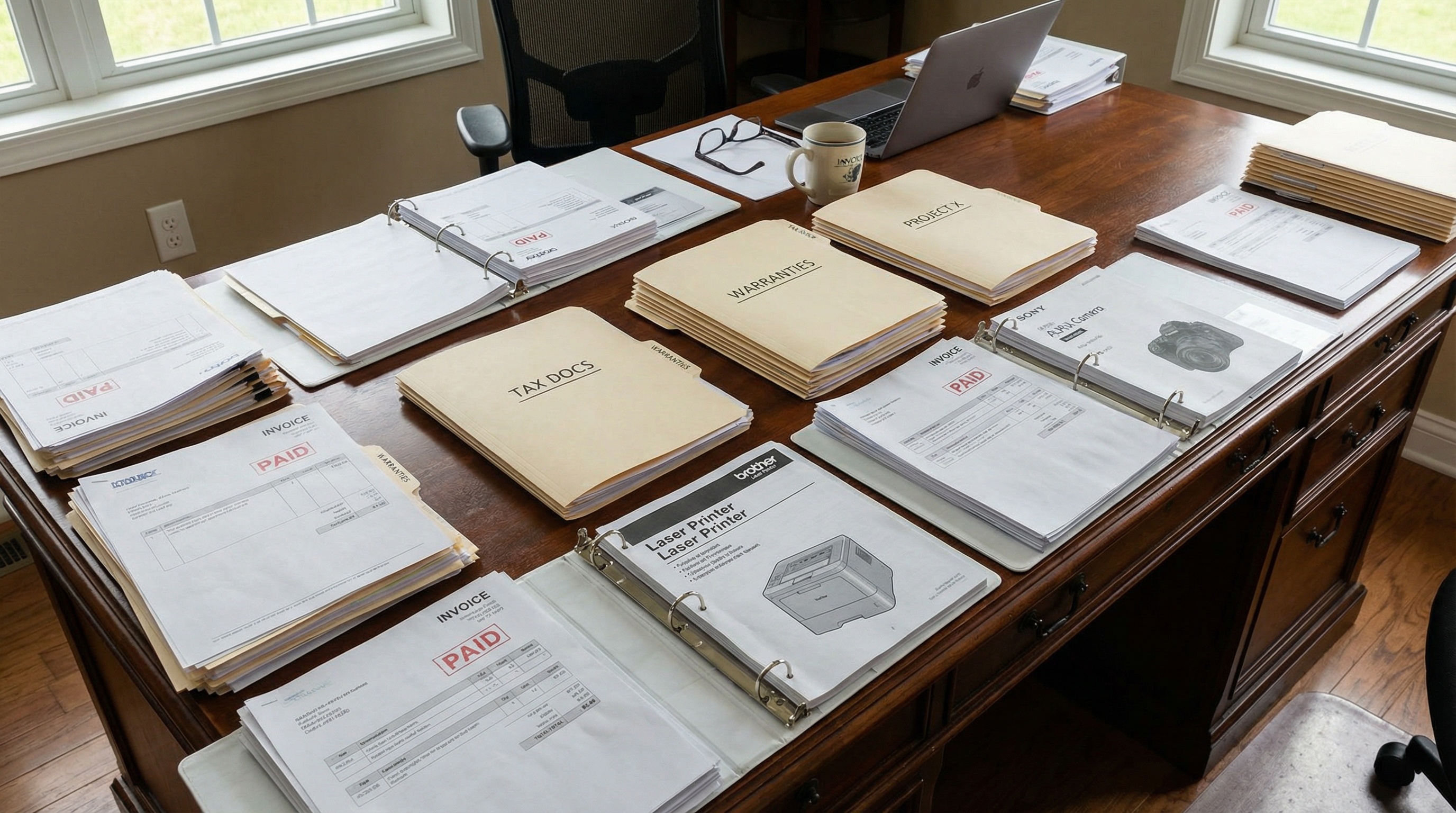 organized documentation and paperwork spread on a desk with equipment manuals and invoices
