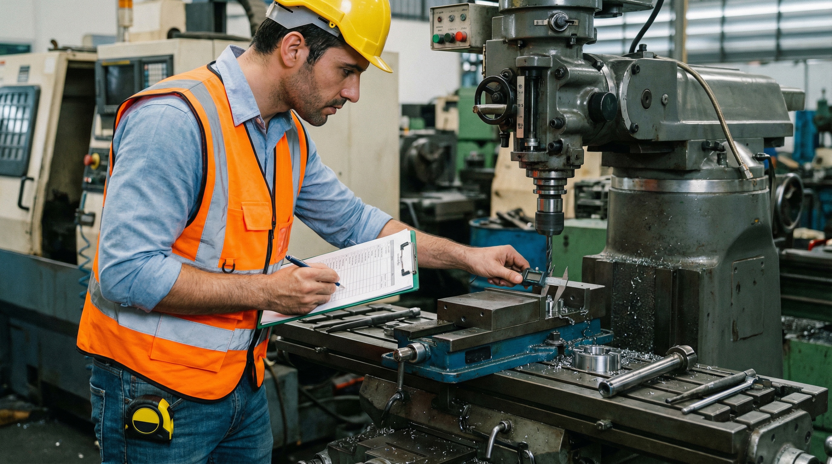 appraiser examining CNC machine with clipboard and measuring tools