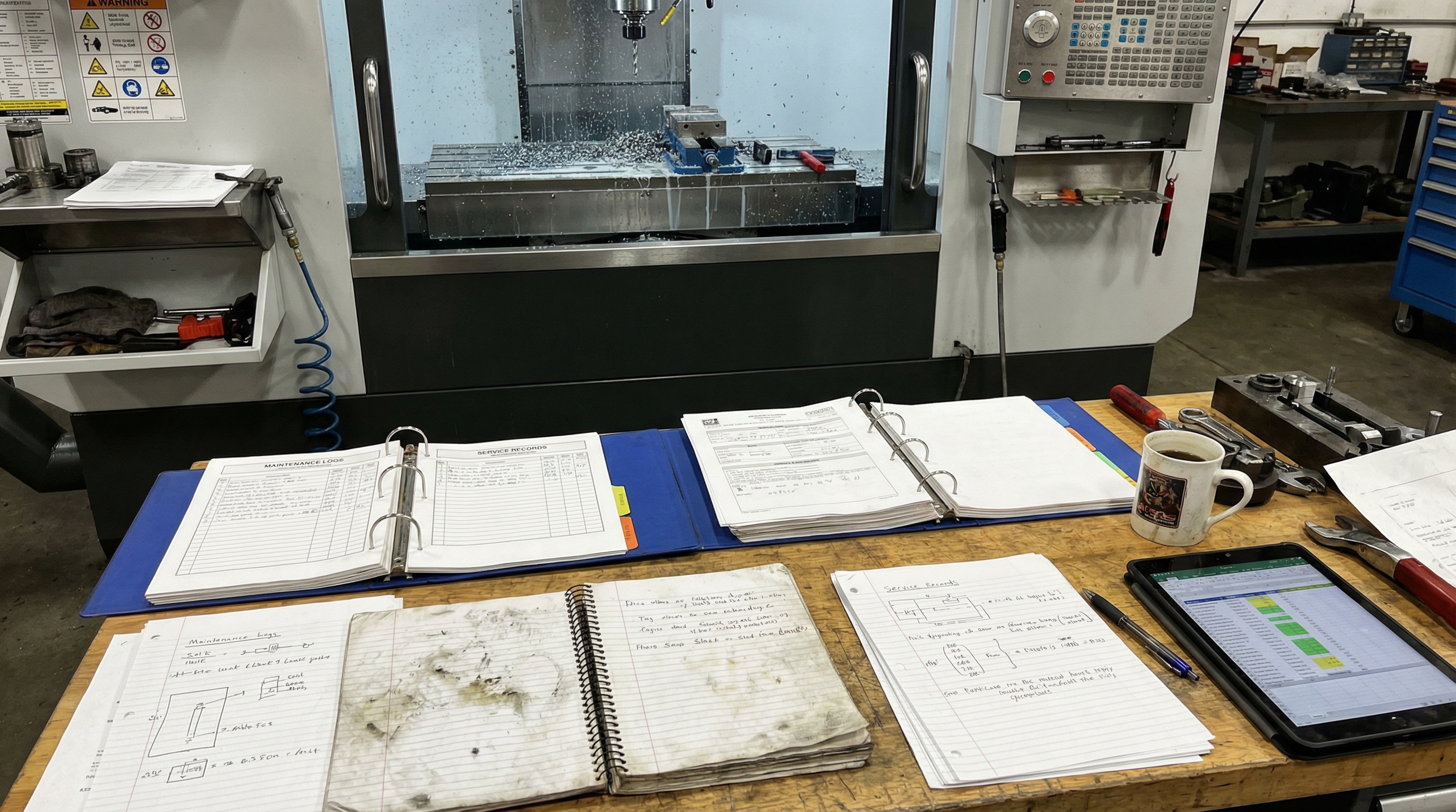 maintenance logs and service records spread out on table next to CNC machine