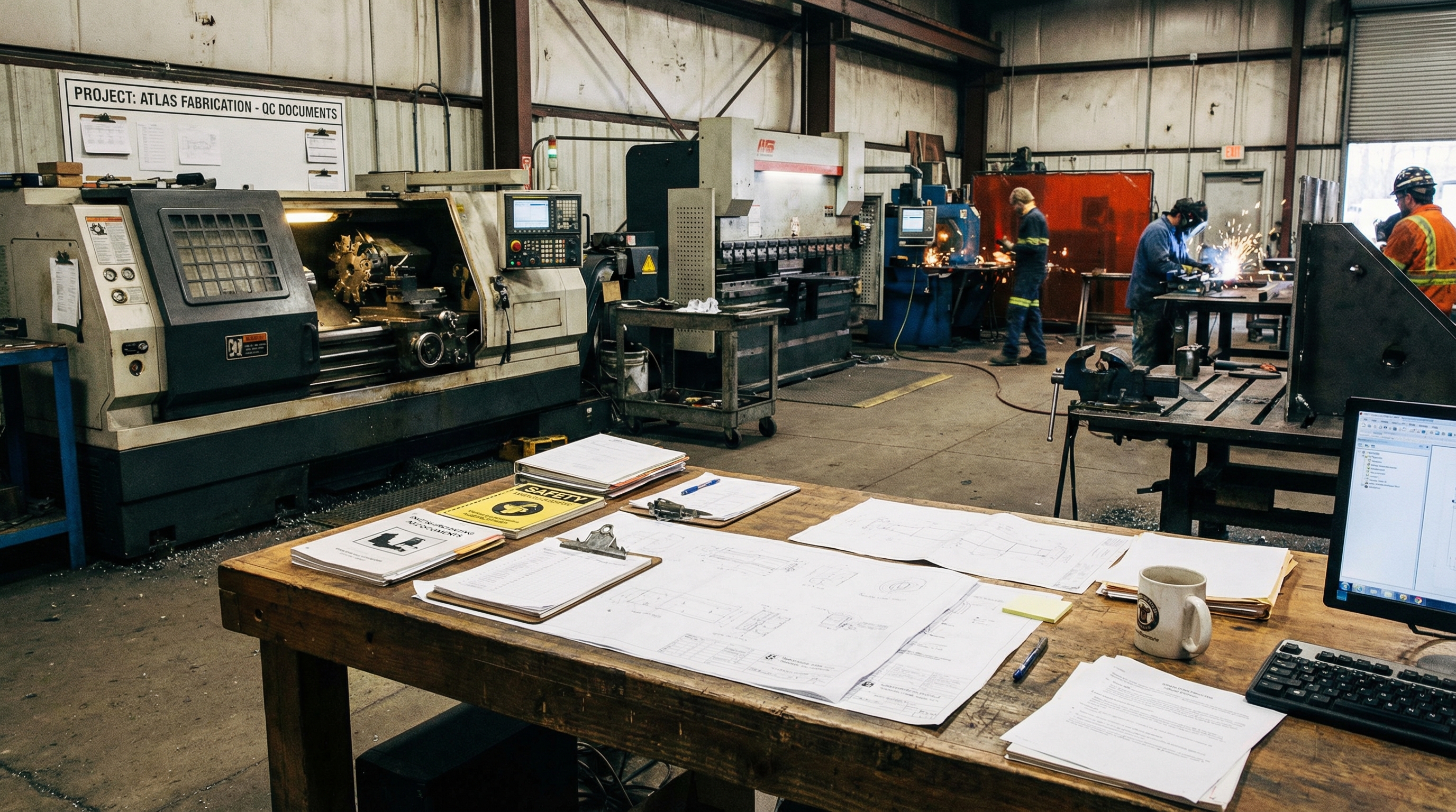 metalworking equipment in industrial setting with documents and paperwork on desk