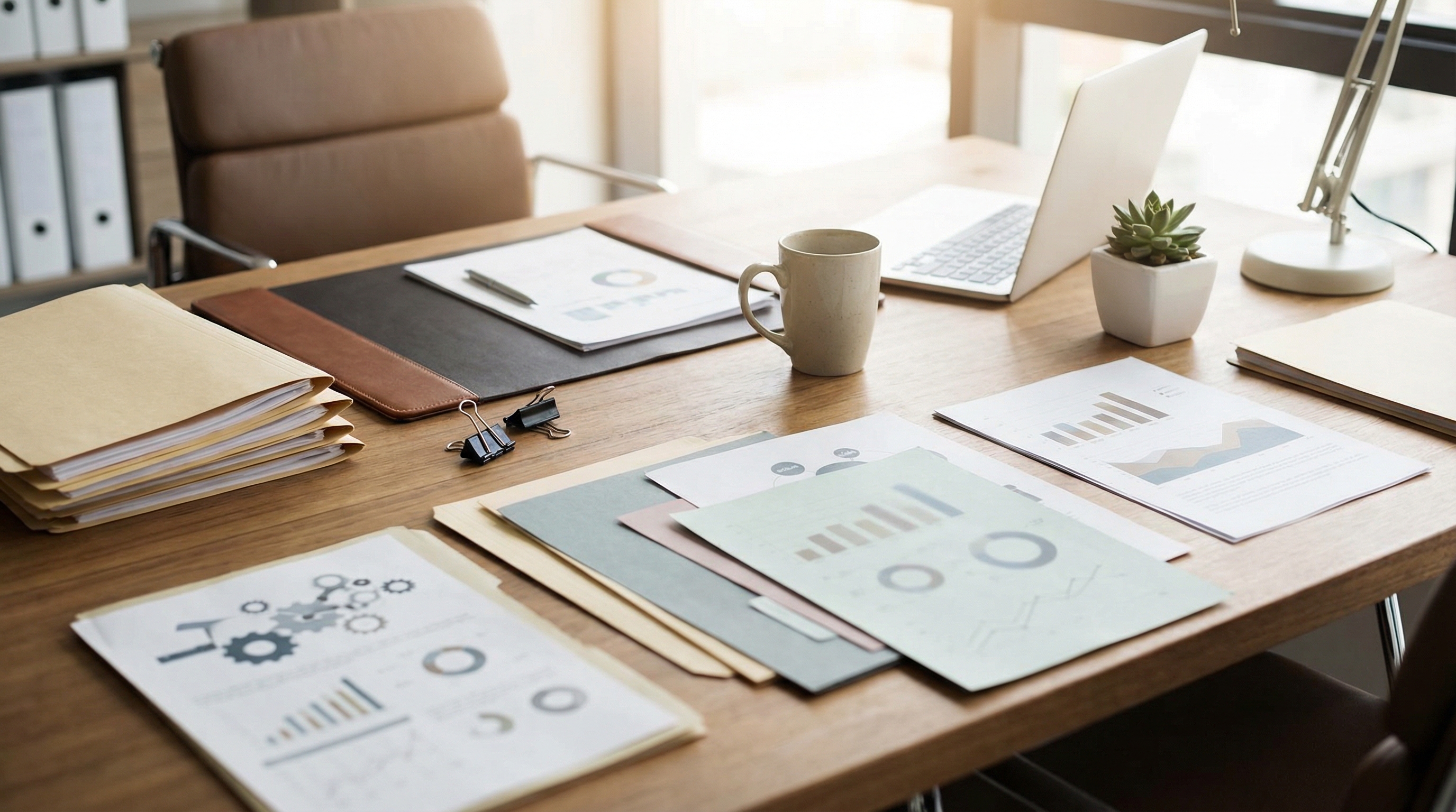 Financial documents organized on desk for cannabis equipment appraisal