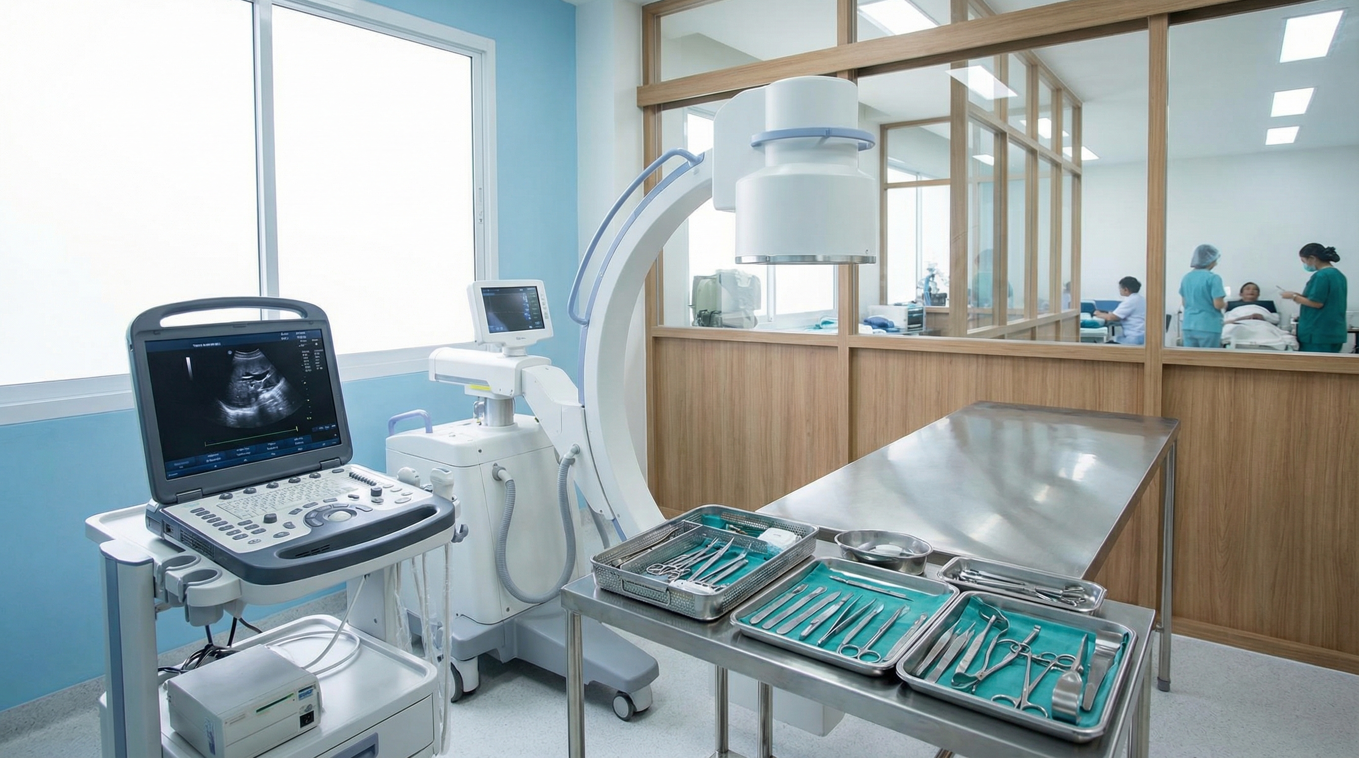 Various medical equipment including ultrasound, x-ray, and surgical instruments arranged in modern clinic