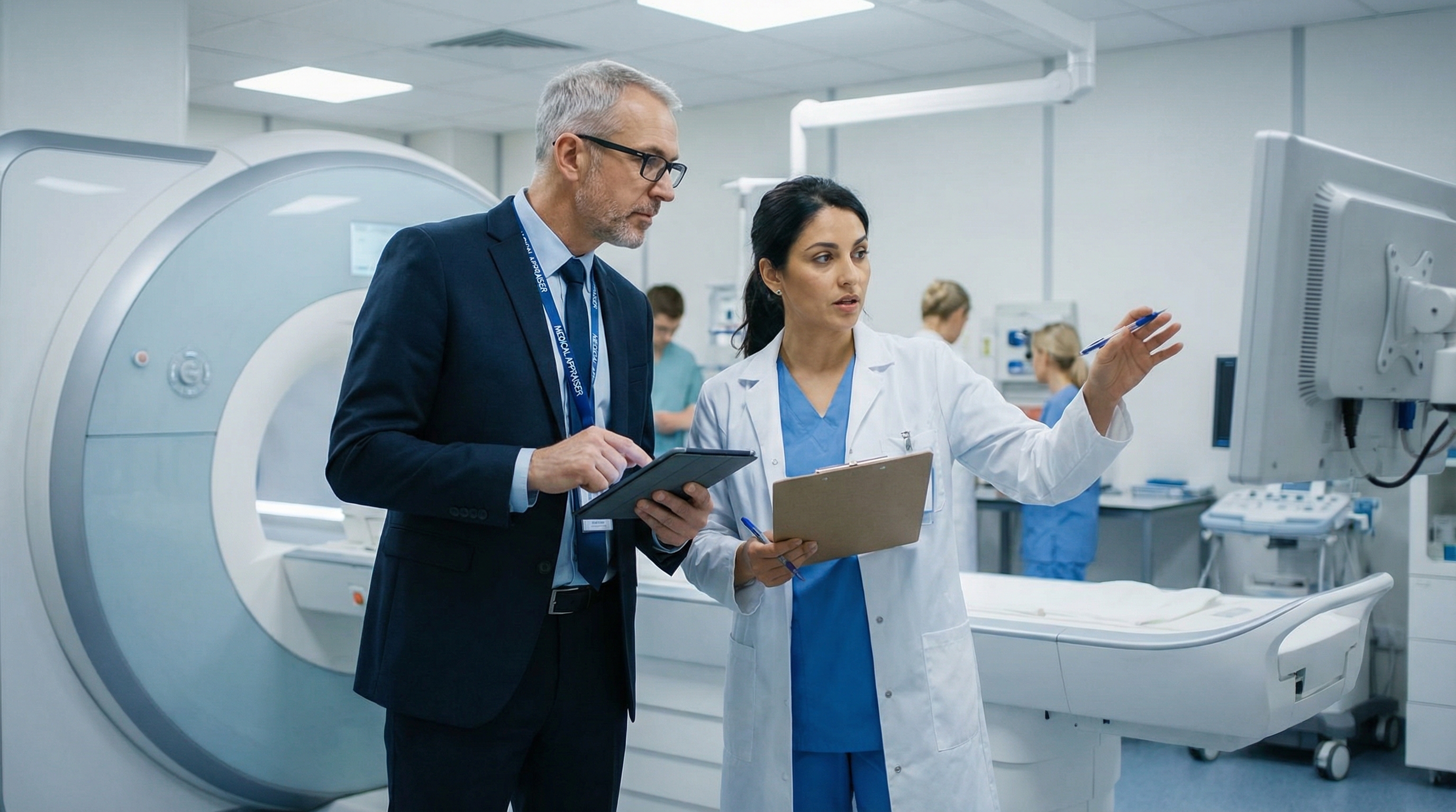 Medical equipment appraisal professional examining MRI machine in hospital setting