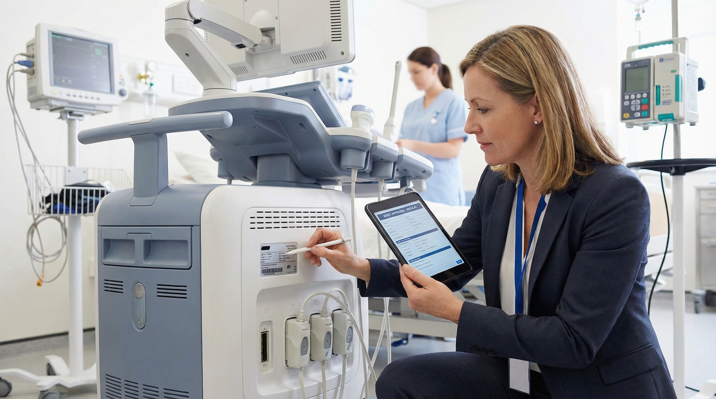 Professional appraiser with tablet documenting medical equipment specifications in hospital room