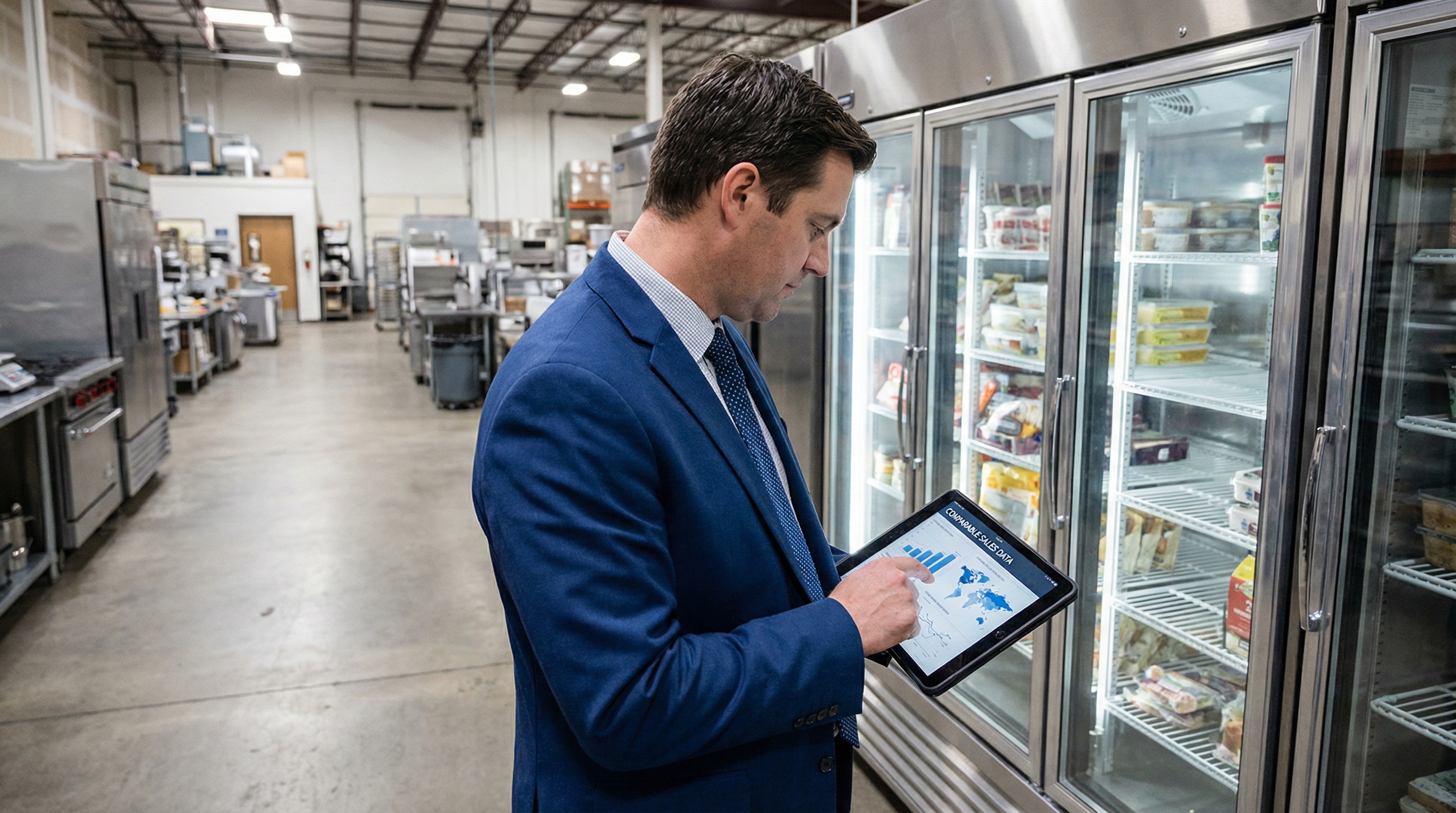Appraiser using tablet to research comparable sales data while standing next to commercial refrigeration equipment
