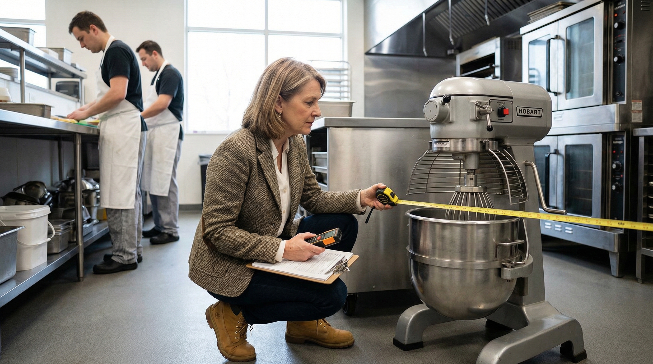 Professional appraiser inspecting commercial kitchen equipment with clipboard and measuring tools