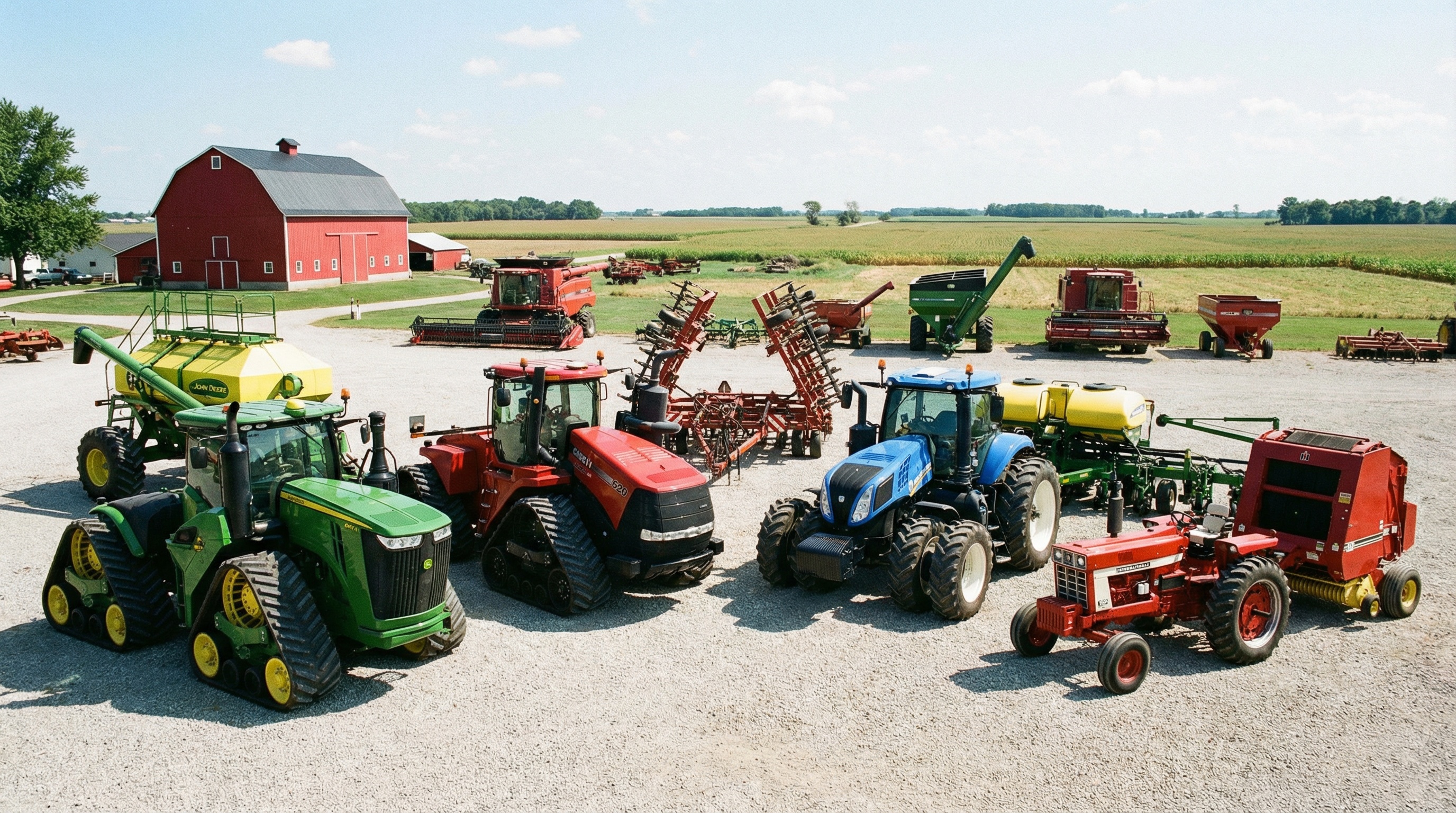 farm equipment lineup showing various tractors and implements