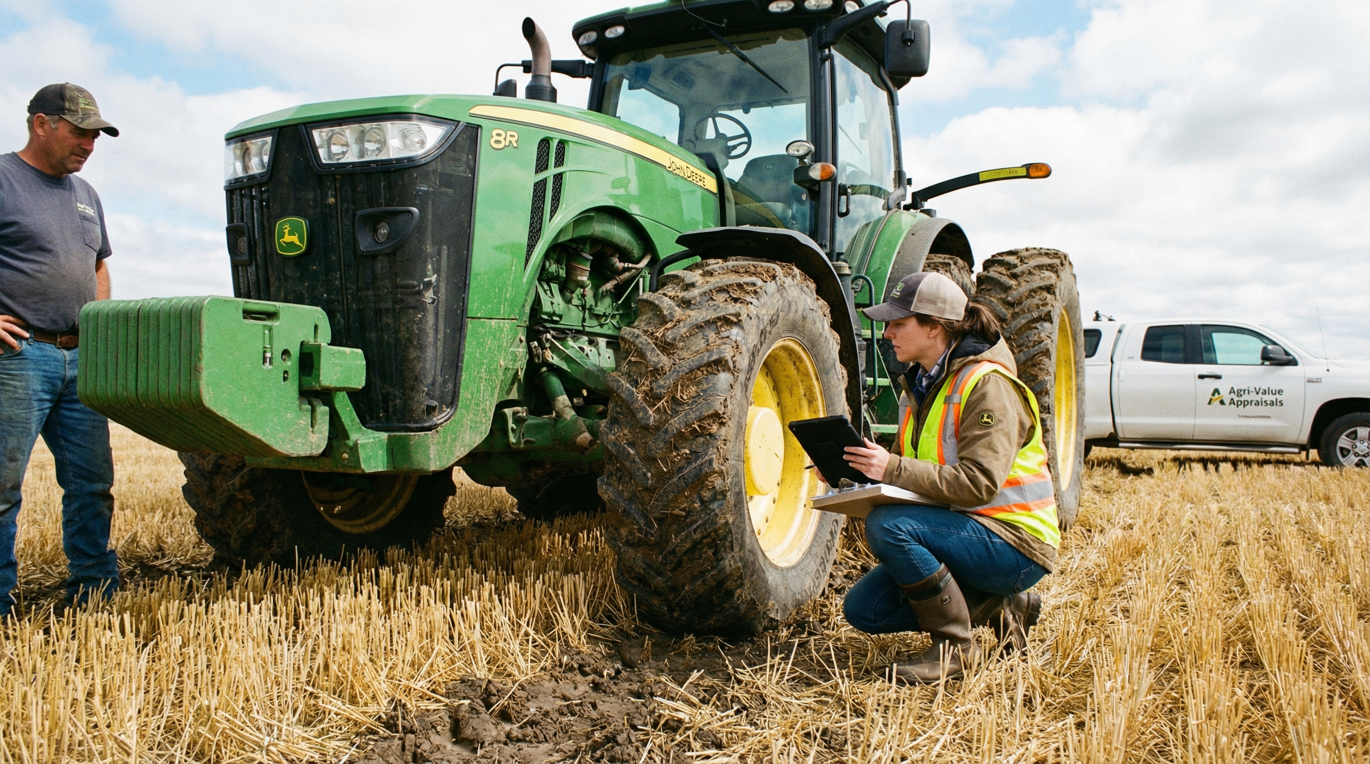 professional appraiser inspecting farm tractor in field