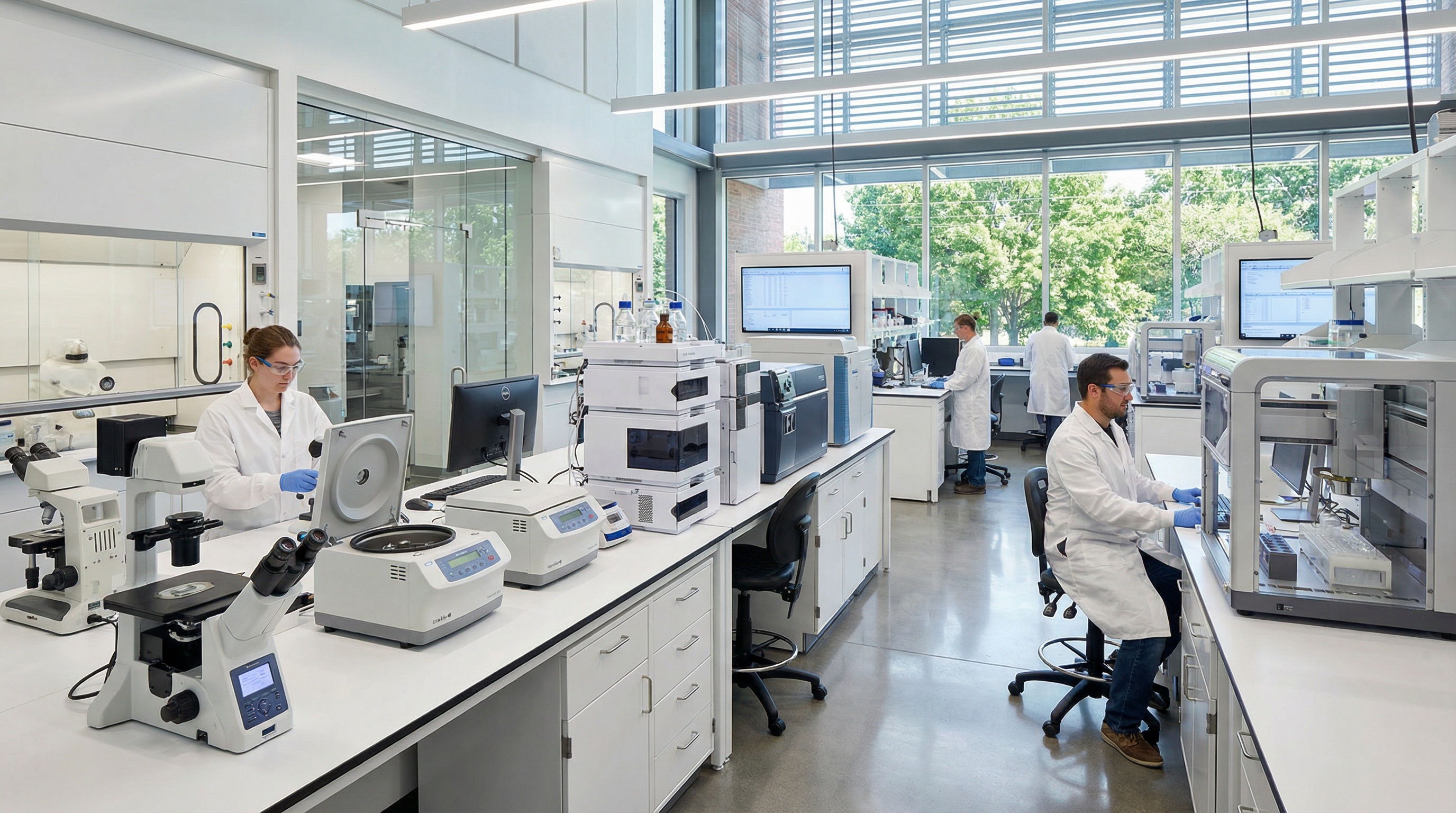 Modern laboratory with various scientific equipment including microscopes, centrifuges, and analytical instruments arranged on clean white benches