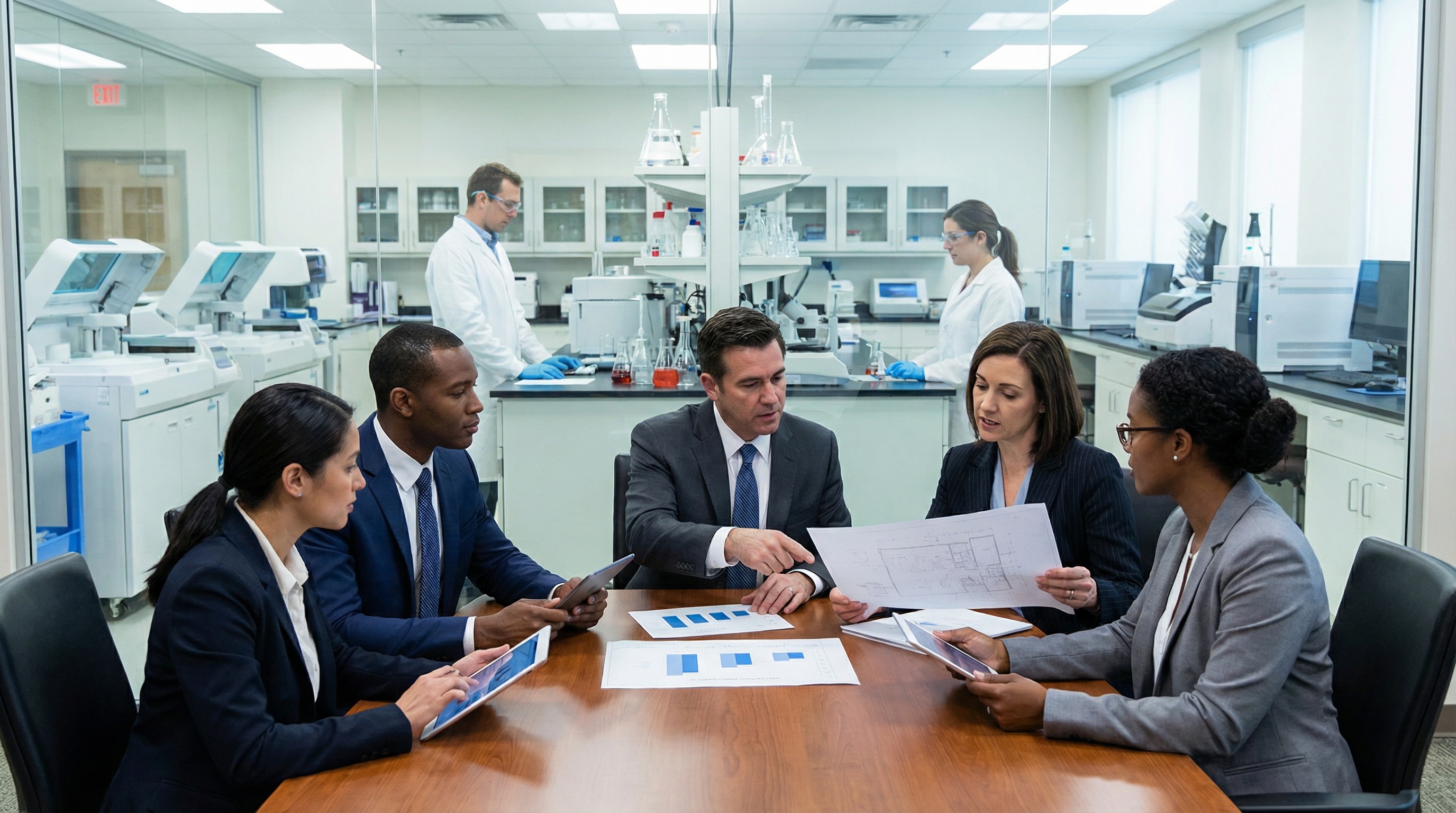 Business meeting with professionals reviewing documents and laboratory equipment in background