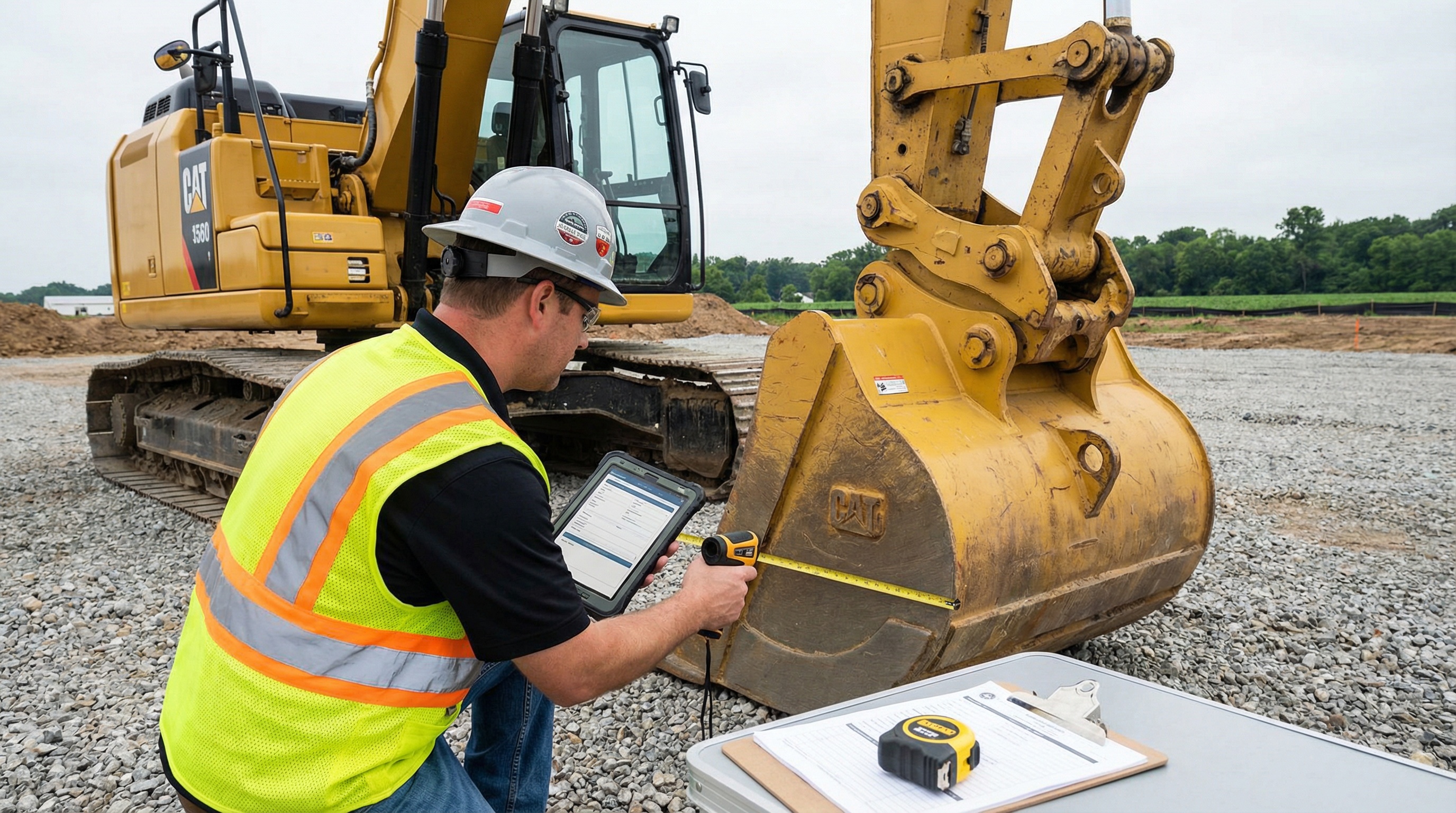 professional appraiser documenting excavator specifications with tablet and measuring tools
