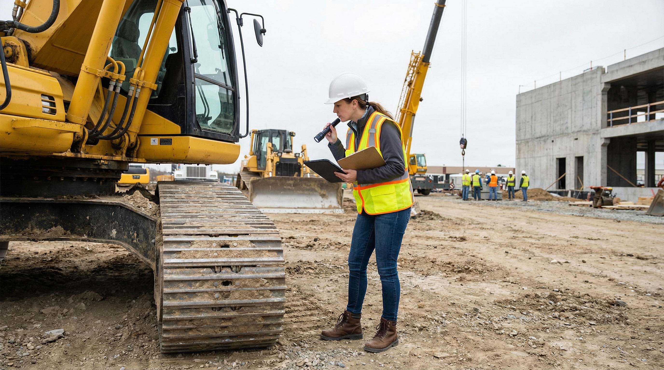 construction equipment appraiser examining heavy machinery on job site