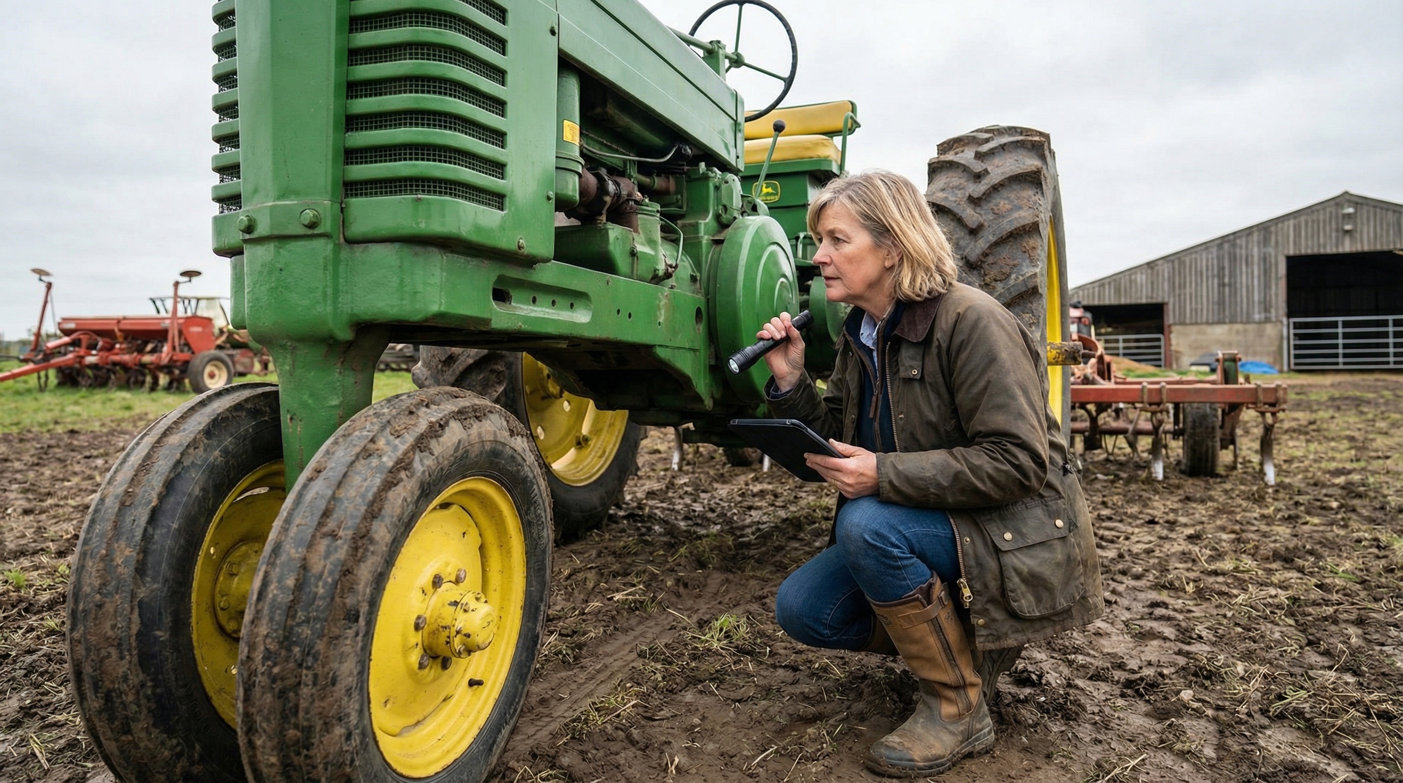 Professional appraiser examining farm equipment in a field setting