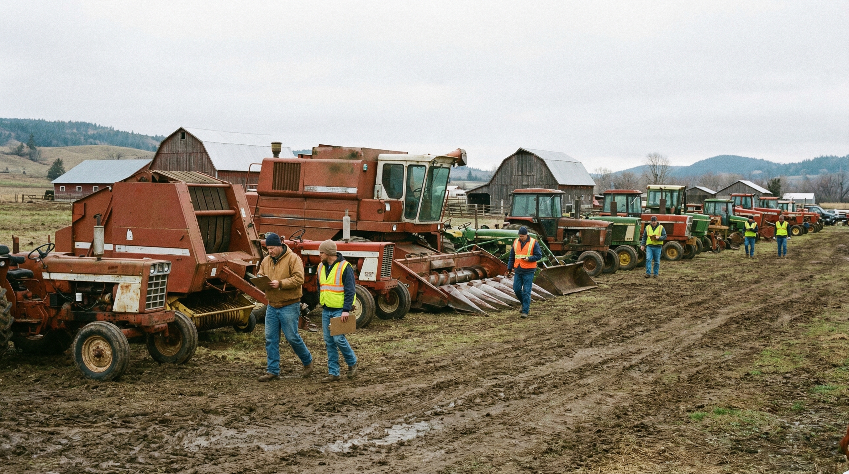 Farm equipment lined up for appraisal inspection