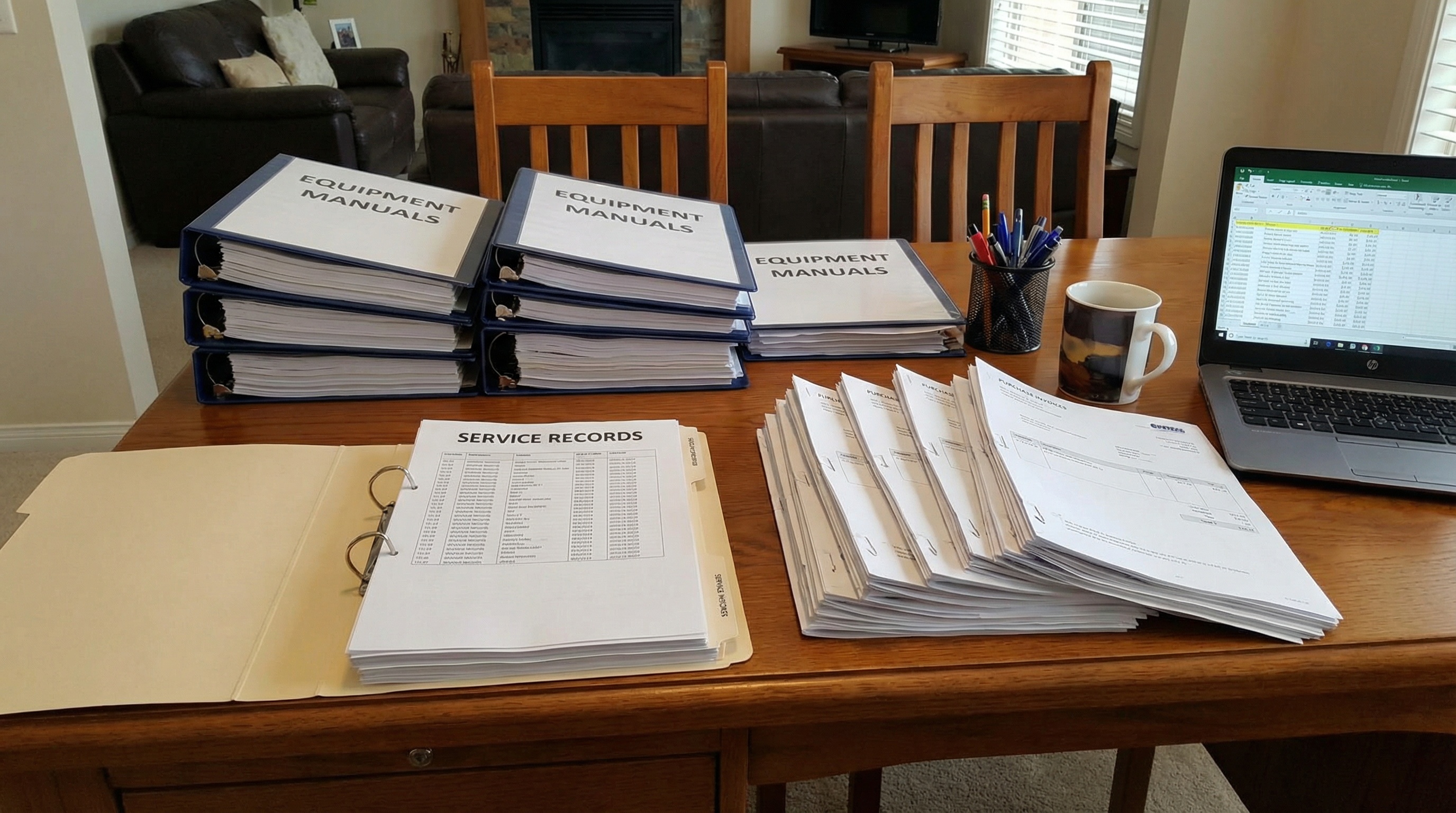 organized documentation including equipment manuals, service records, and purchase invoices laid out on desk
