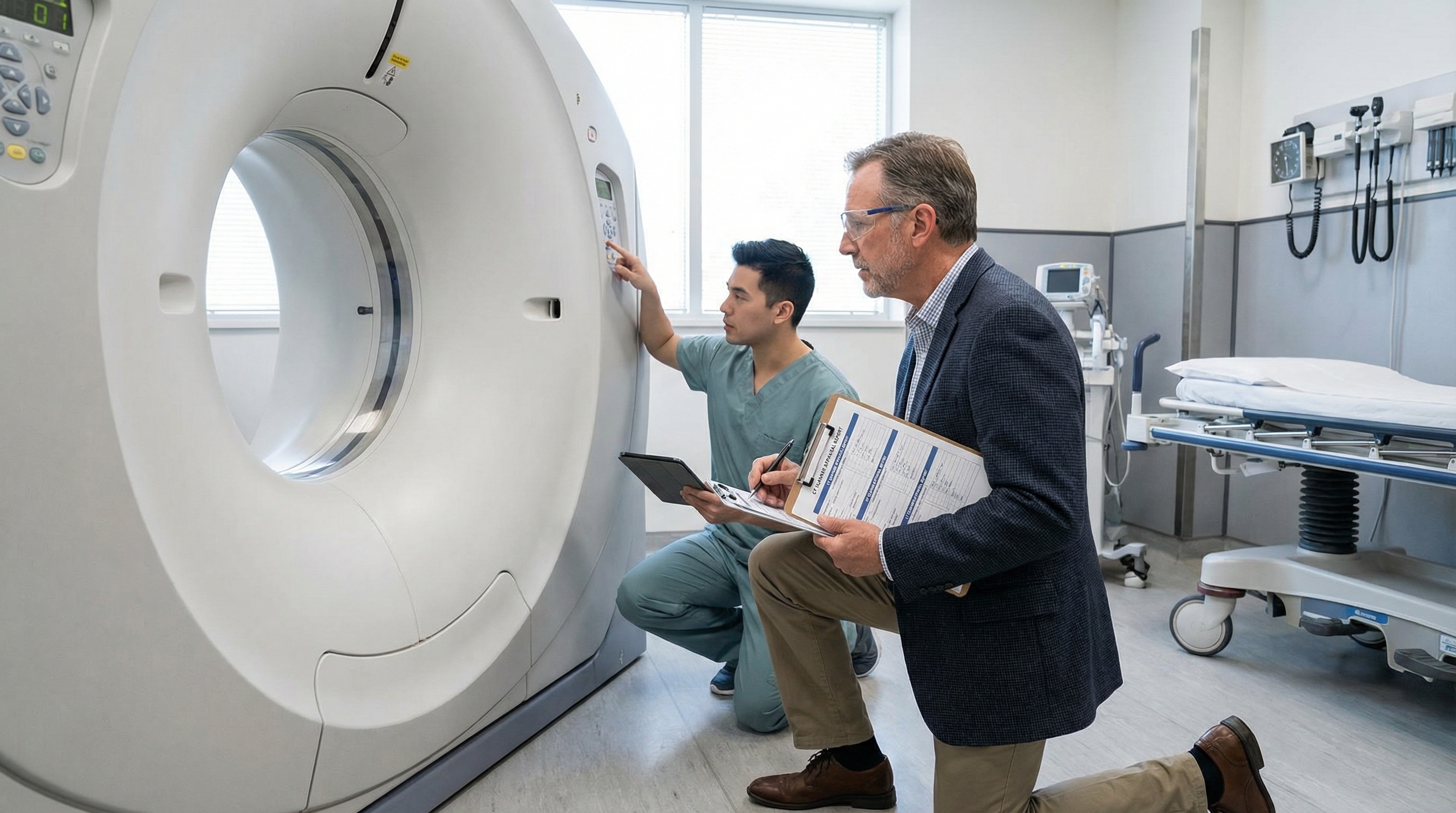 professional appraiser conducting on-site inspection of CT scanner with detailed documentation forms
