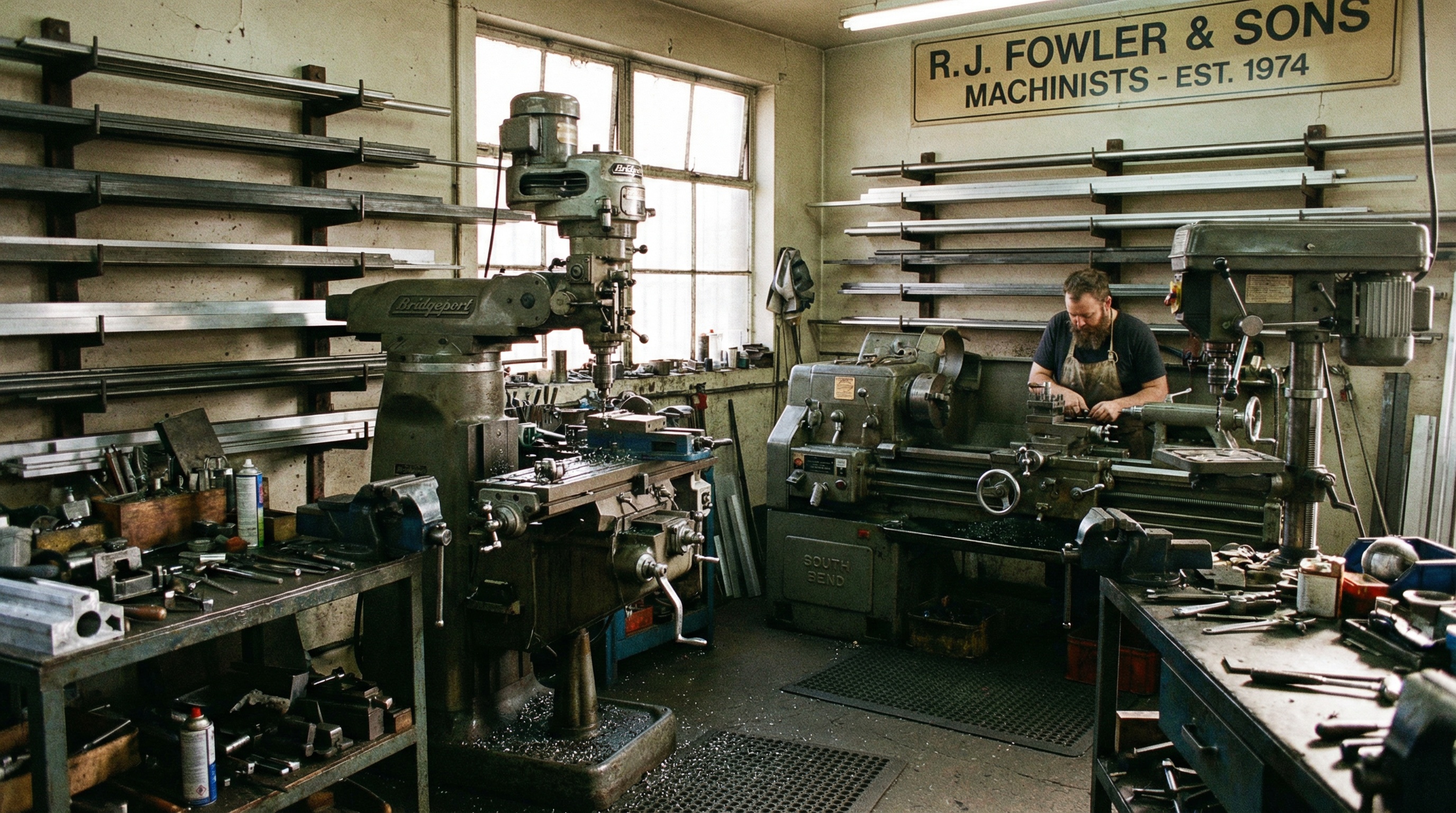 small machine shop with various metalworking equipment