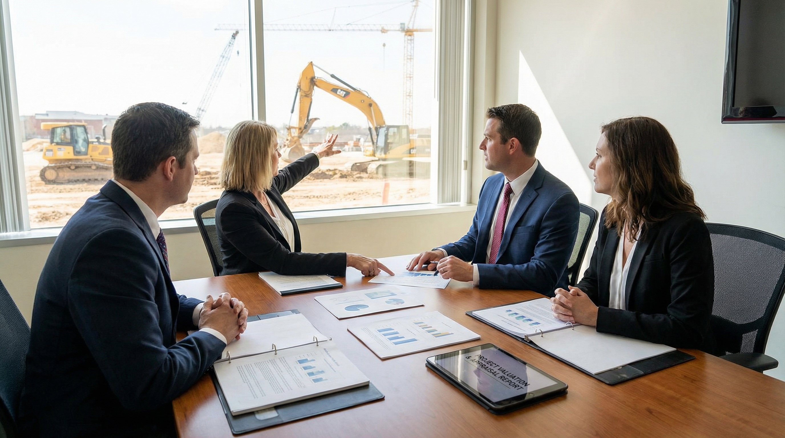 business meeting with appraisal documents and heavy equipment visible through window