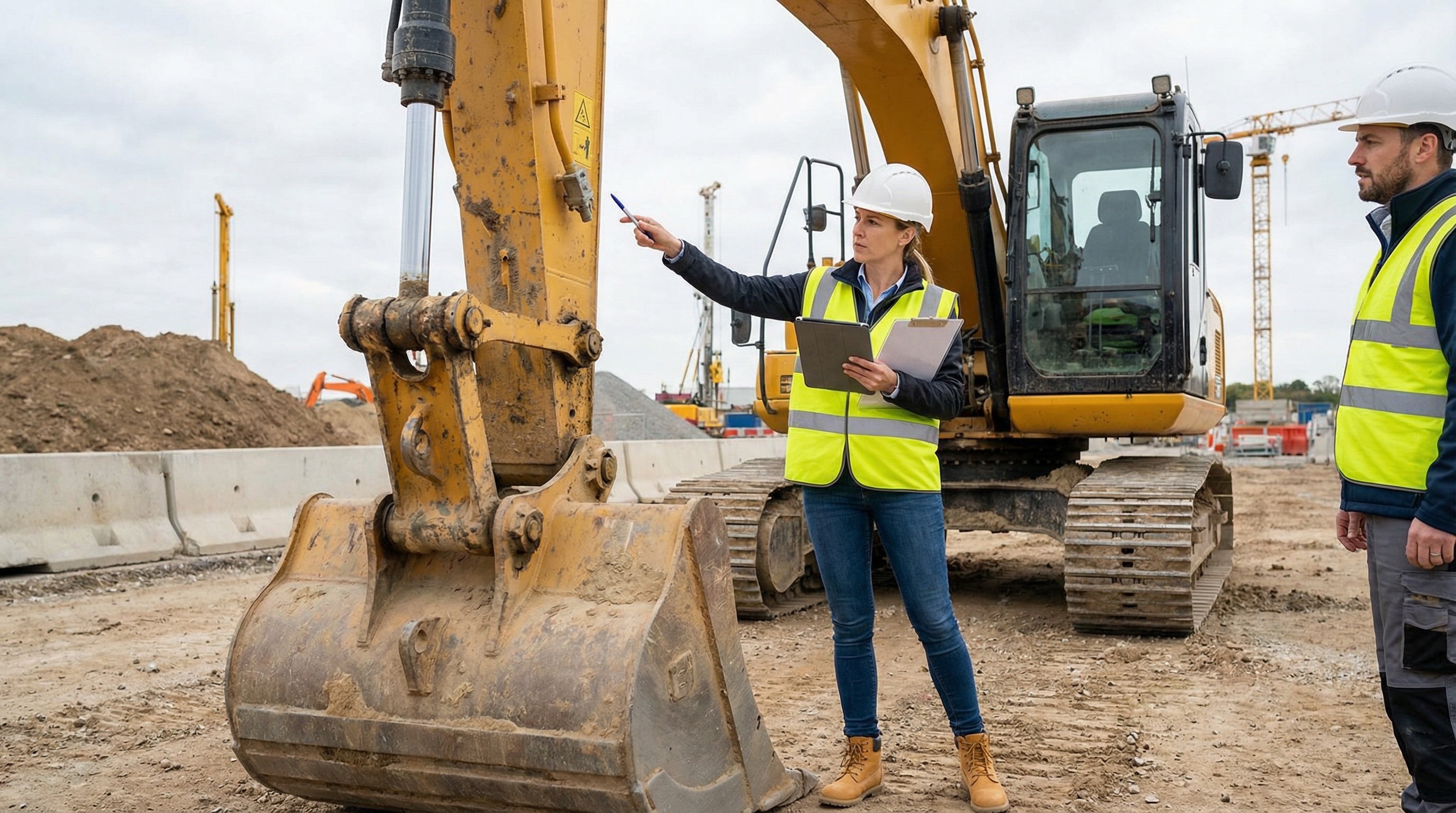 heavy machinery being inspected by professional appraiser on construction site