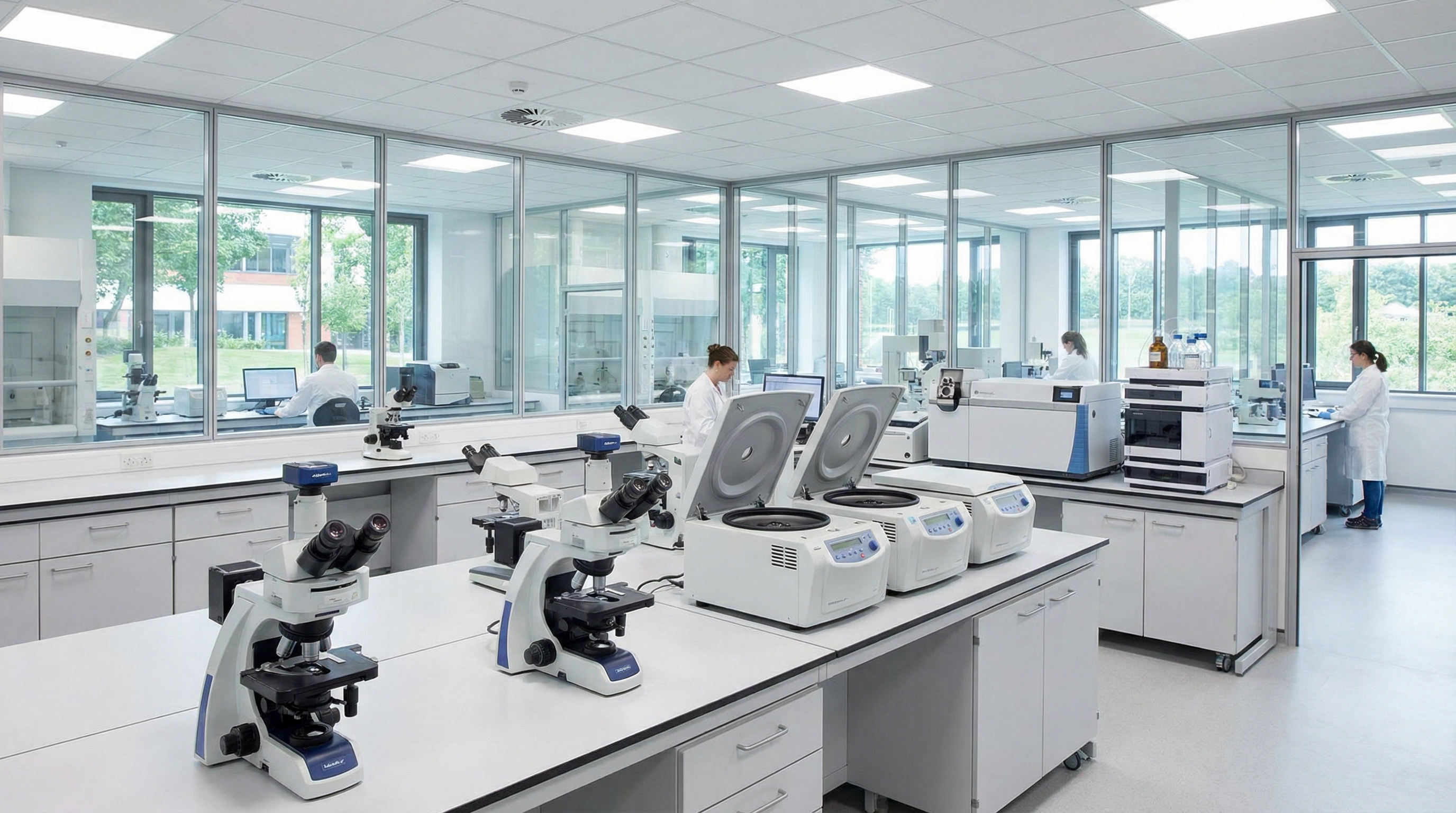 Modern laboratory with various scientific equipment including microscopes, centrifuges, and analytical instruments arranged on clean white benches