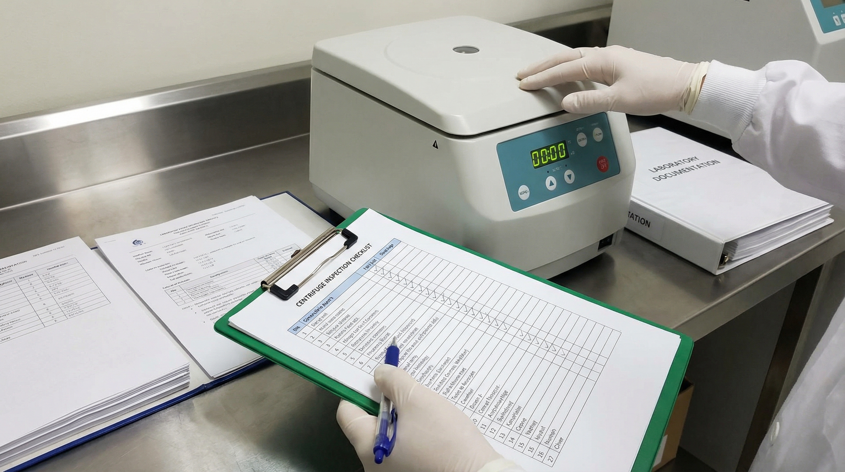 Close-up of hands examining a laboratory centrifuge with inspection checklist and documentation nearby