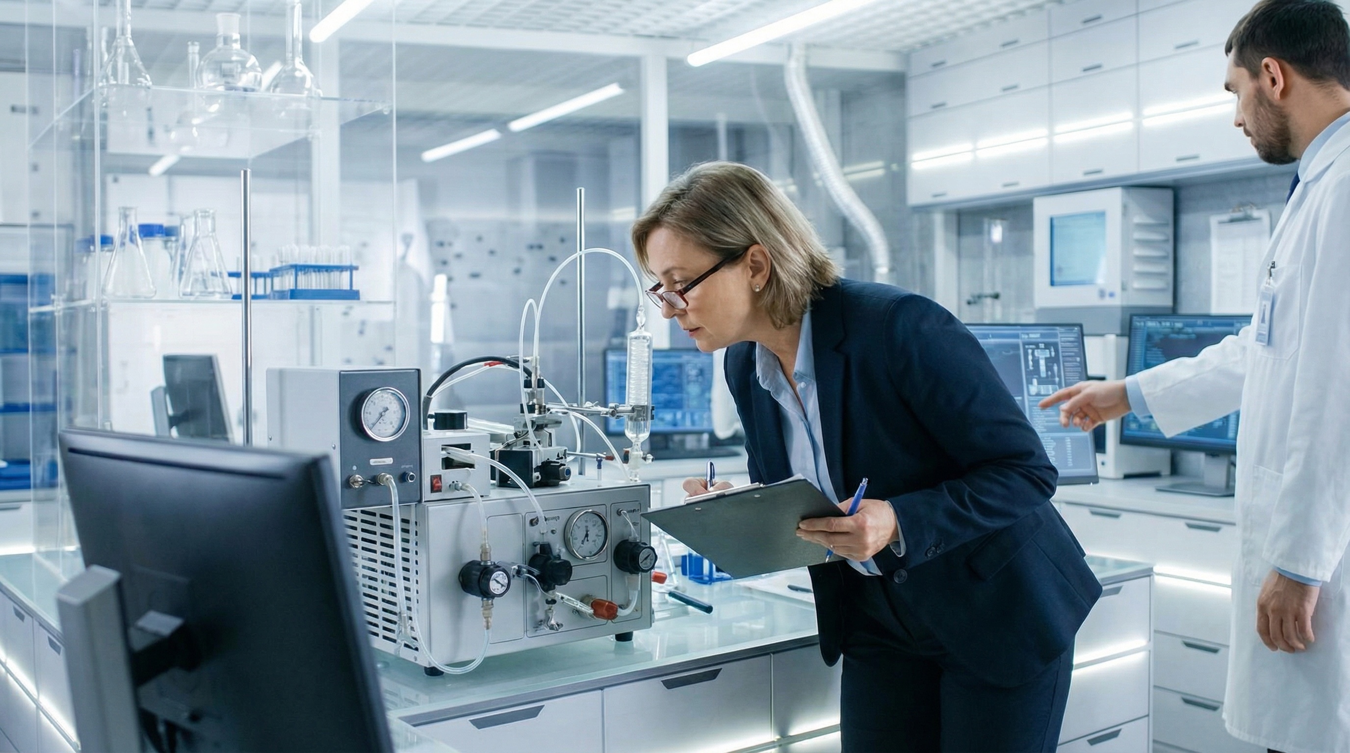 Professional appraiser examining laboratory equipment with clipboard