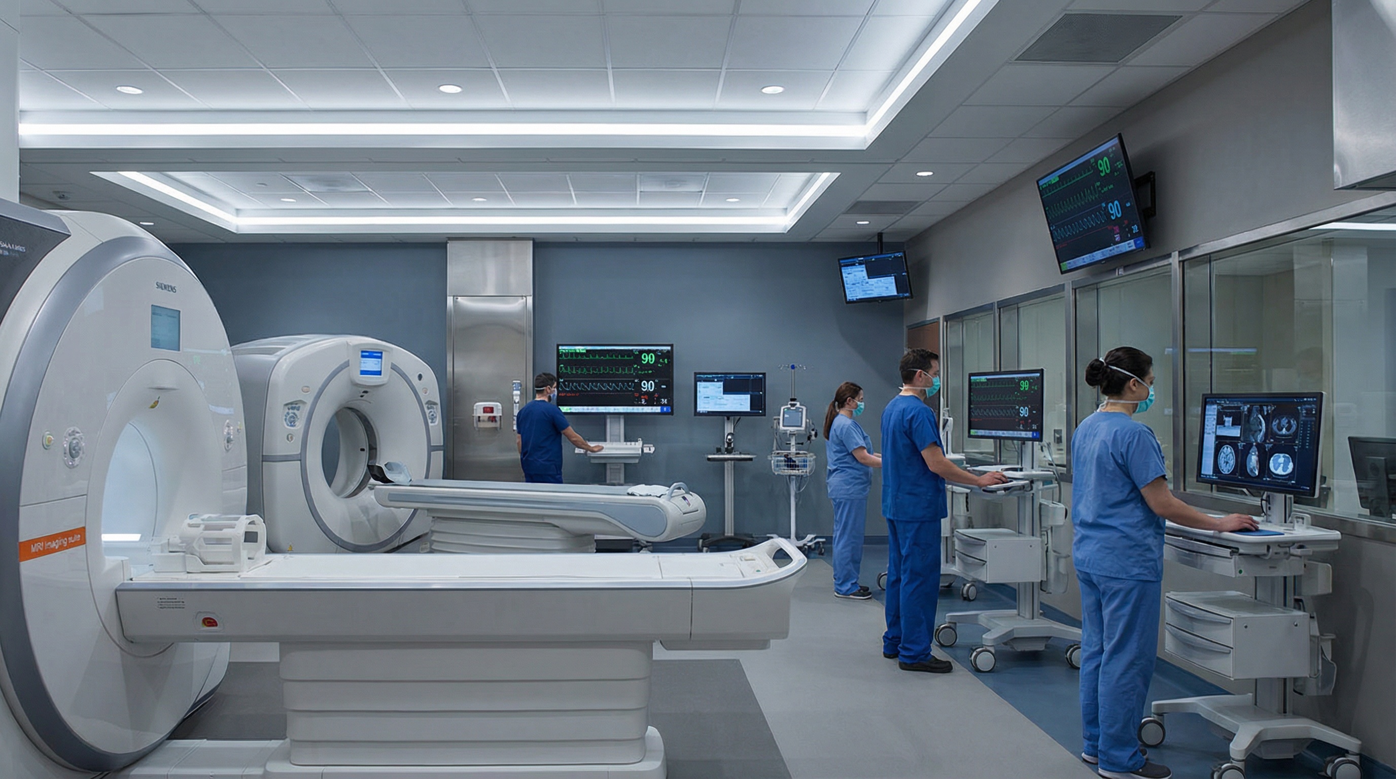 medical equipment in modern hospital setting with various machines like MRI, CT scanner, and monitoring devices