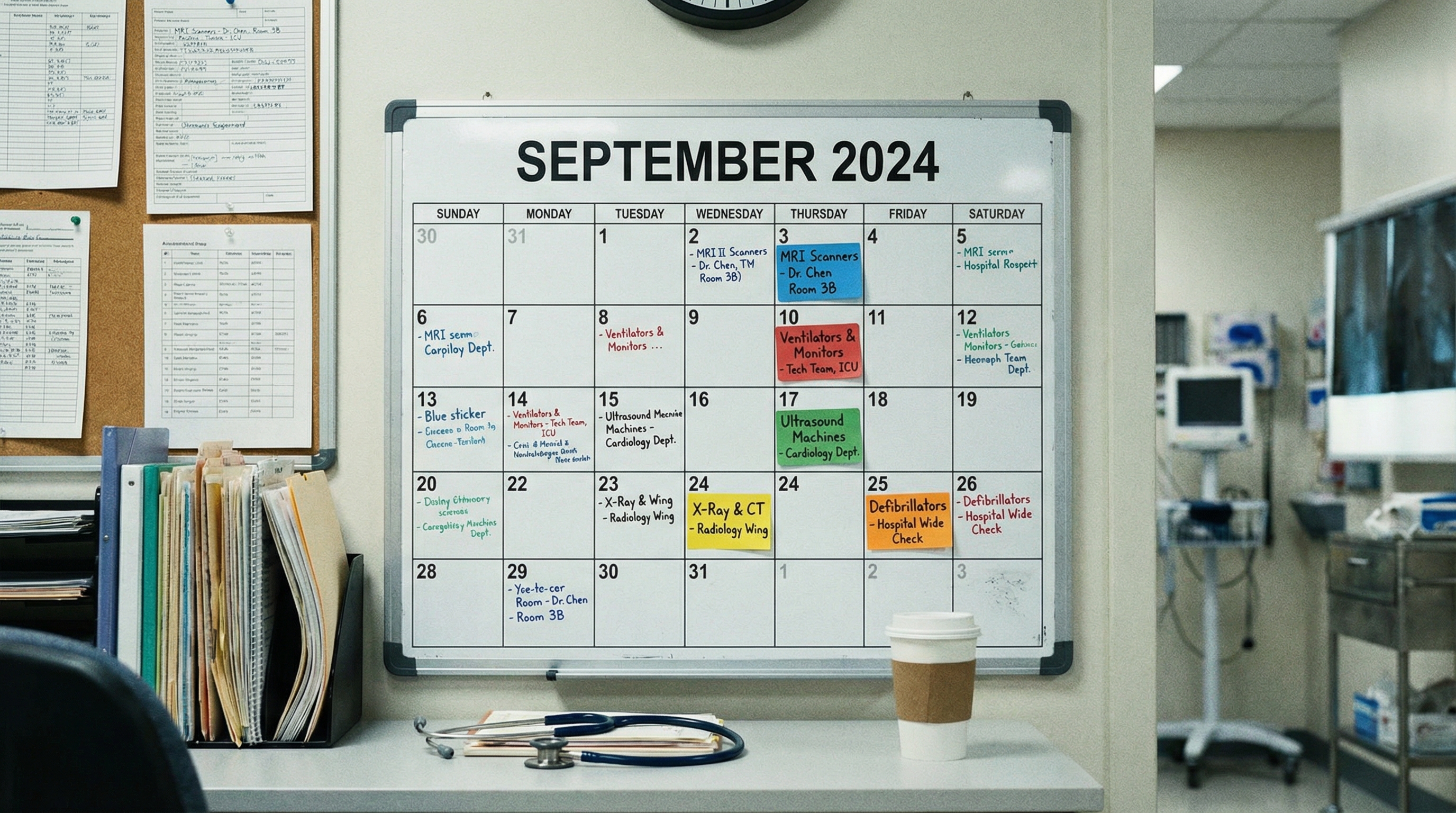 calendar showing appraisal schedule with different medical equipment types marked at various intervals