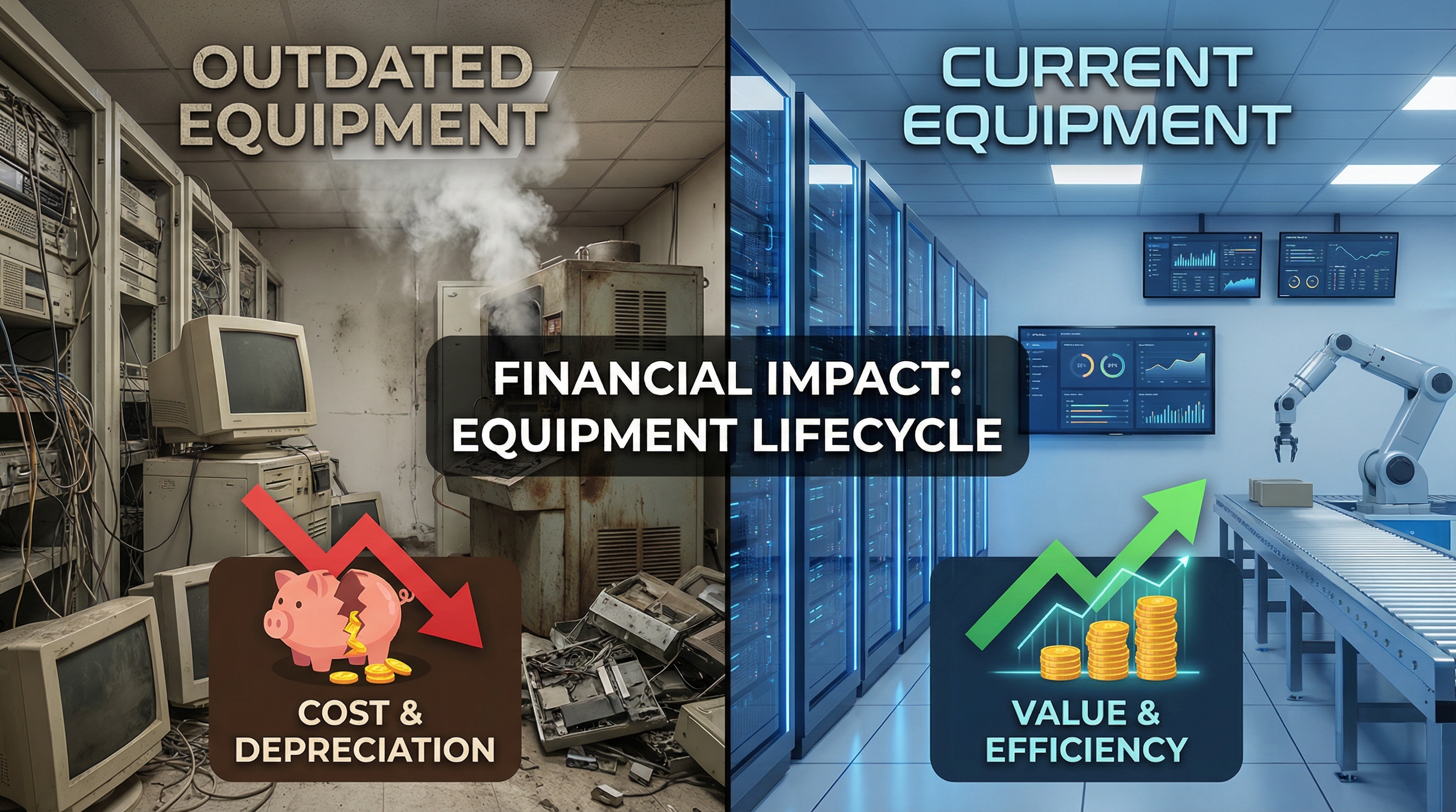 split screen showing outdated vs current equipment values with financial impact illustrations