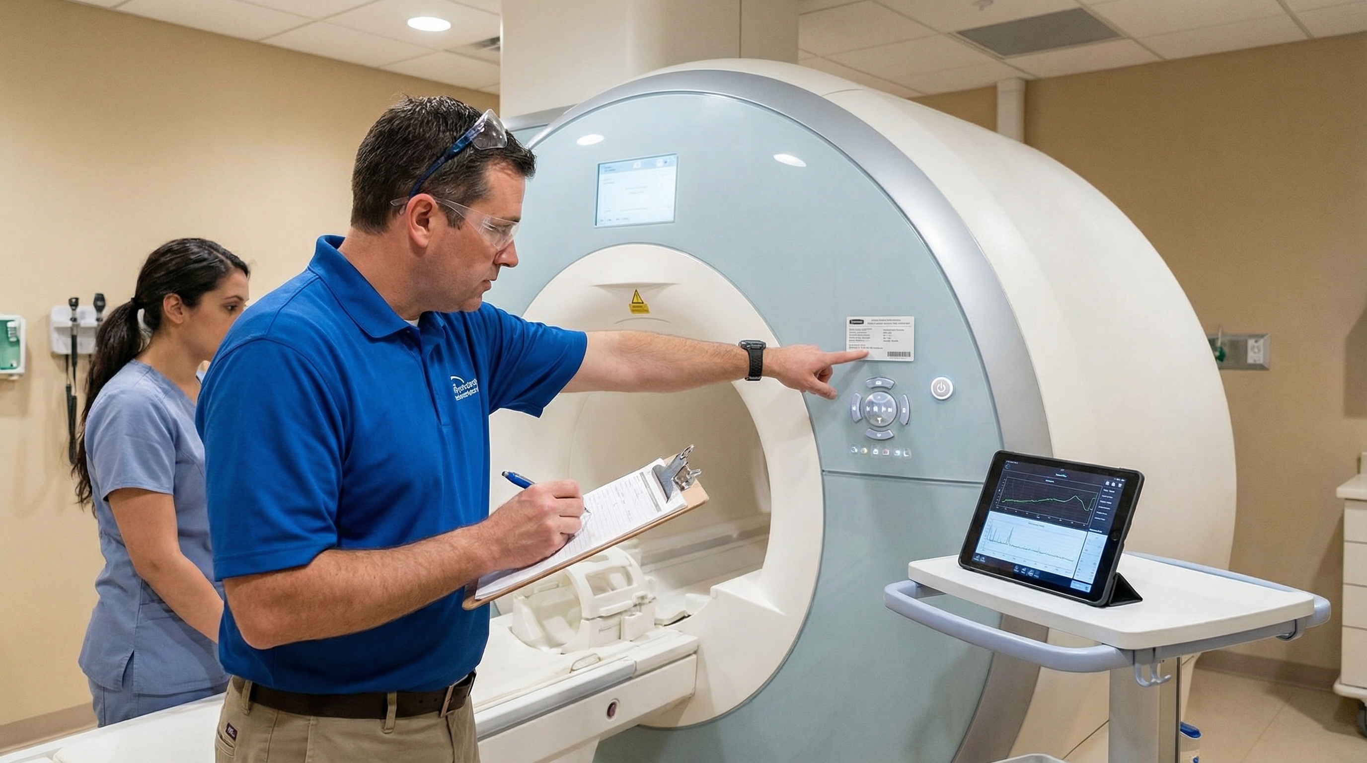 medical equipment appraisal process showing MRI machine being inspected by professional appraiser with clipboard
