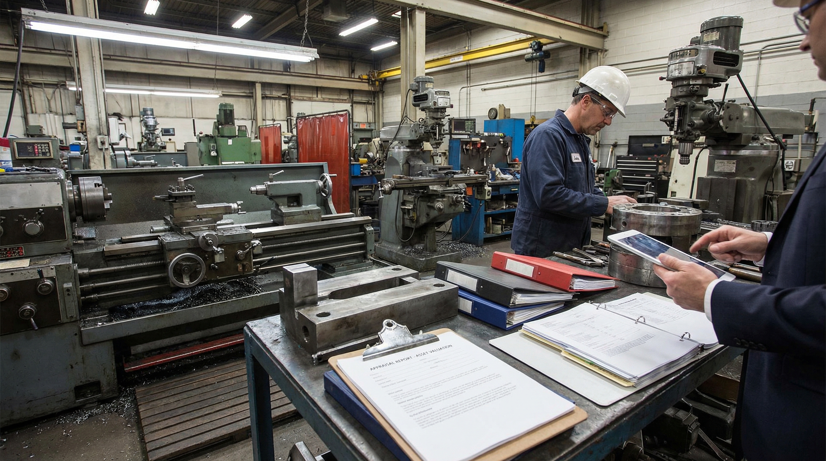 metalworking equipment in industrial setting with appraisal documents
