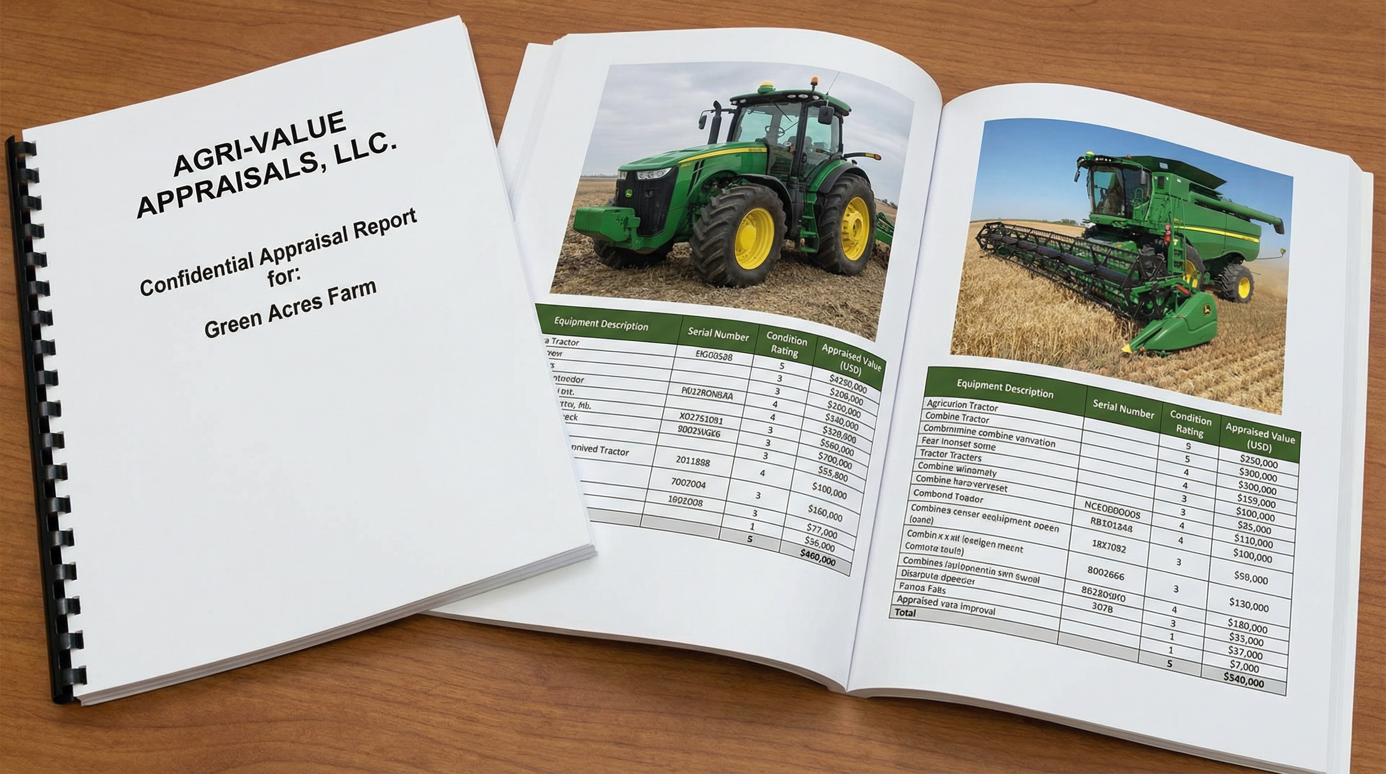 Sample pages from a professional agricultural equipment appraisal report showing detailed equipment photos and valuation data