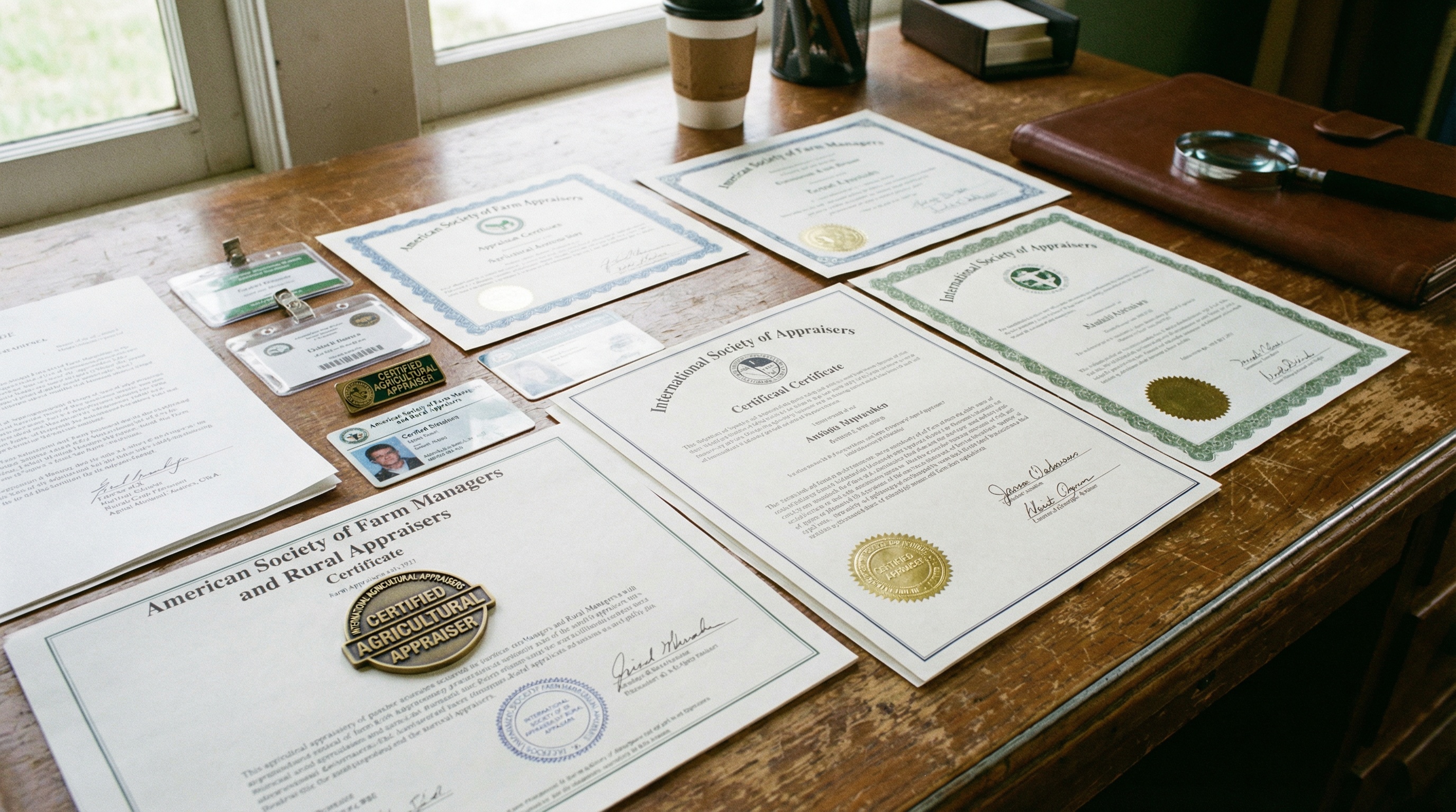Close-up of various agricultural appraisal certificates and credentials displayed on a desk
