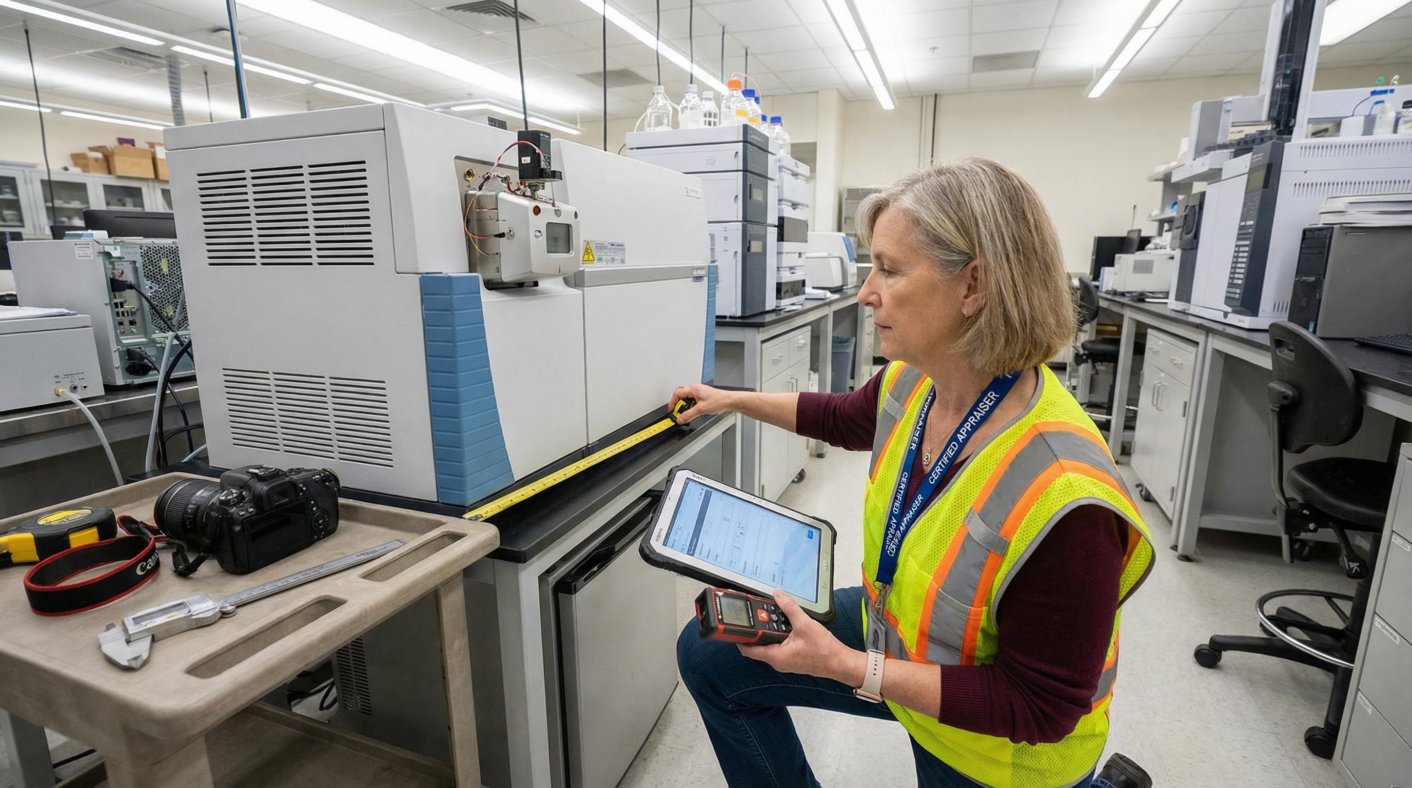 certified appraiser documenting laboratory equipment with tablet and measuring tools