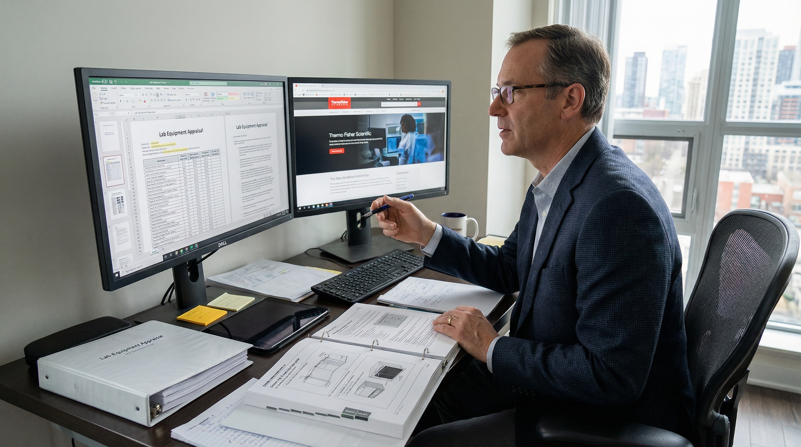 professional appraiser reviewing laboratory equipment documentation and market data on computer