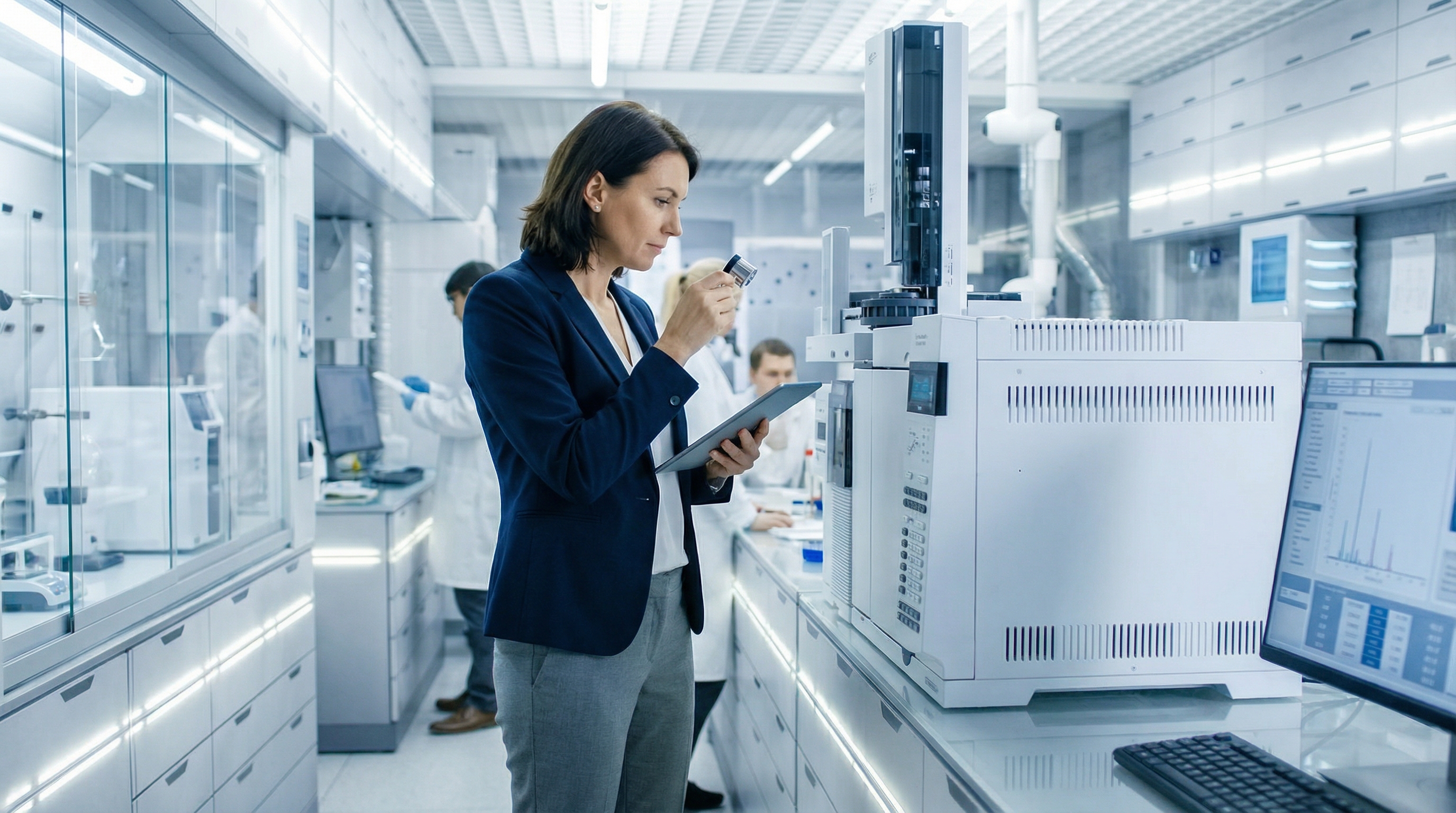 laboratory equipment appraisal professional examining scientific instruments in modern lab setting