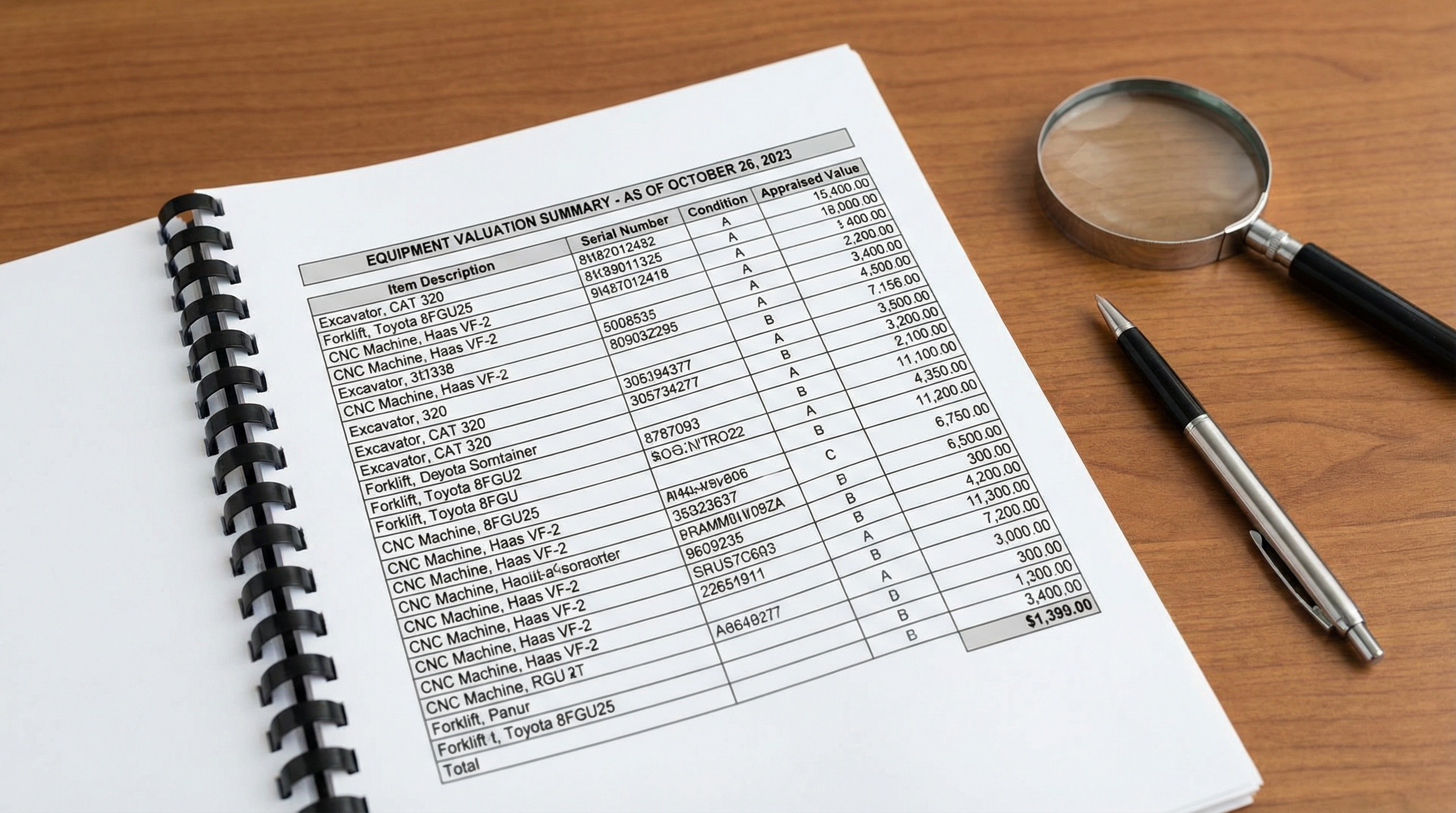 professional appraisal report showing detailed equipment listings and values