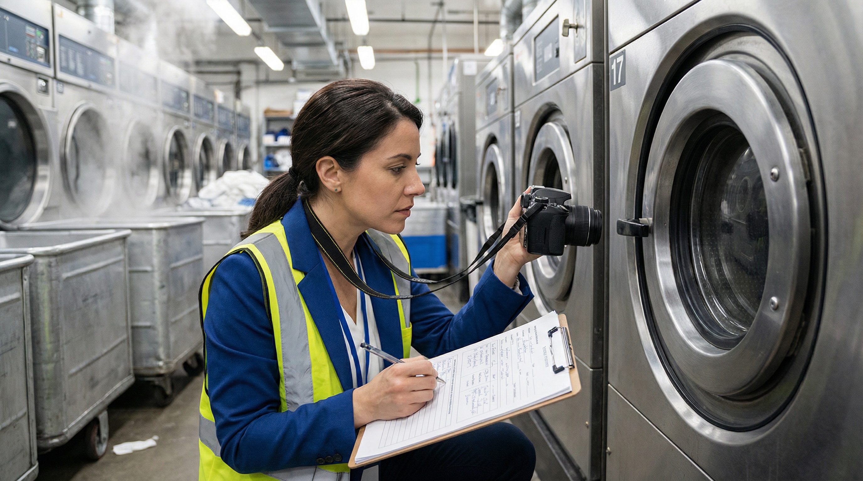 appraiser taking detailed notes and photos of commercial laundry equipment