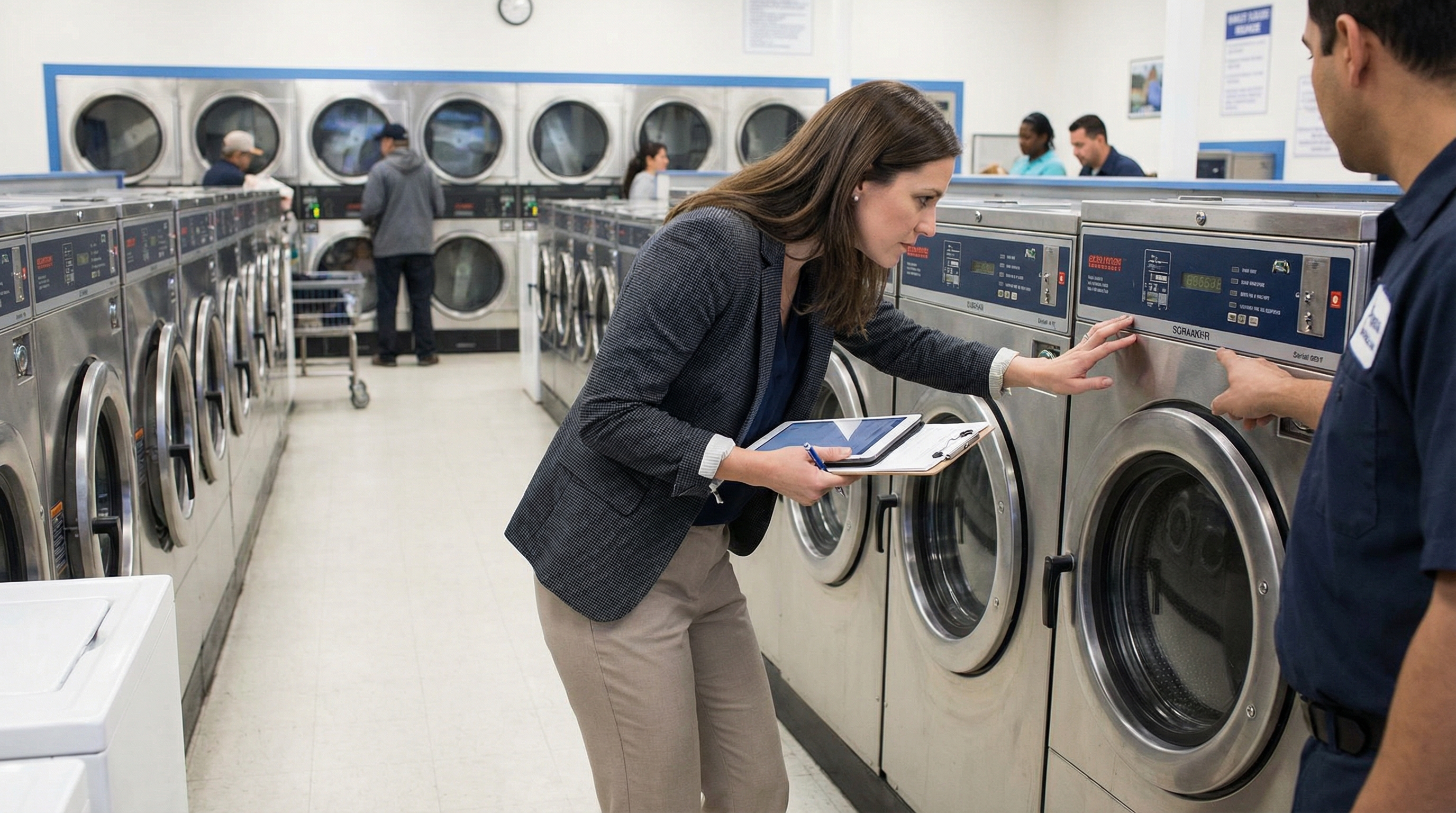 professional appraiser examining commercial washing machines in a laundromat setting