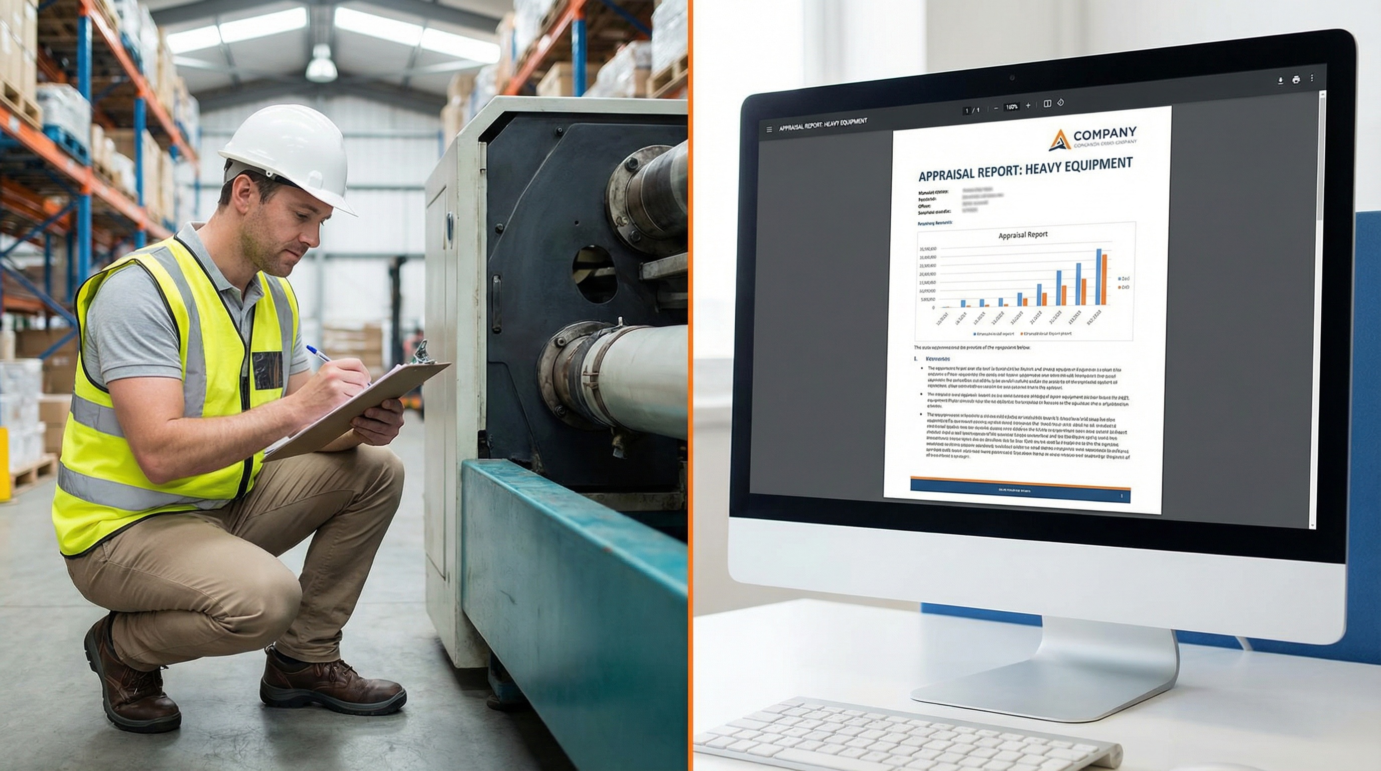 split screen showing appraiser taking notes during equipment inspection on left and professional appraisal report document on computer screen on right