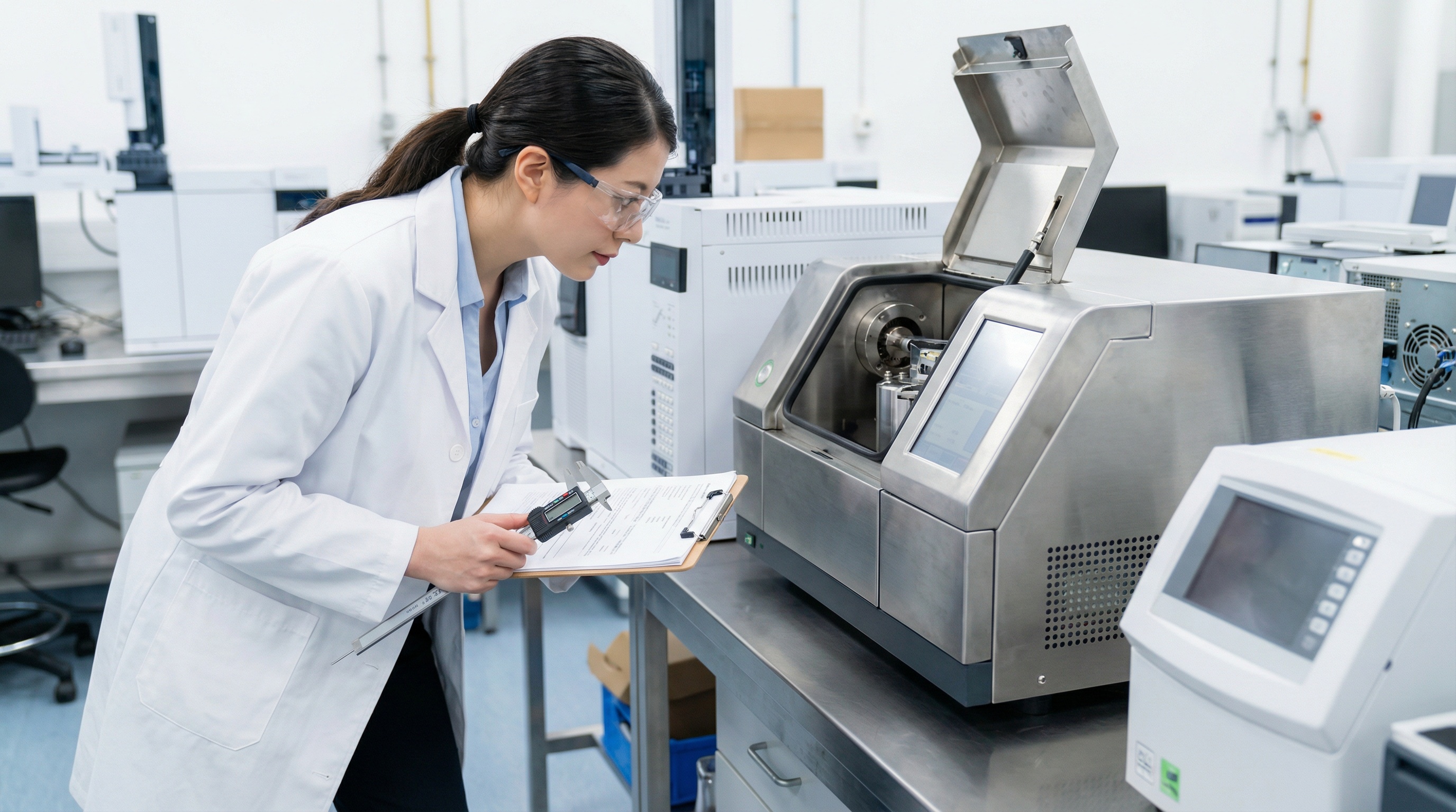 professional appraiser in lab coat examining a large analytical instrument with clipboard and measuring tools