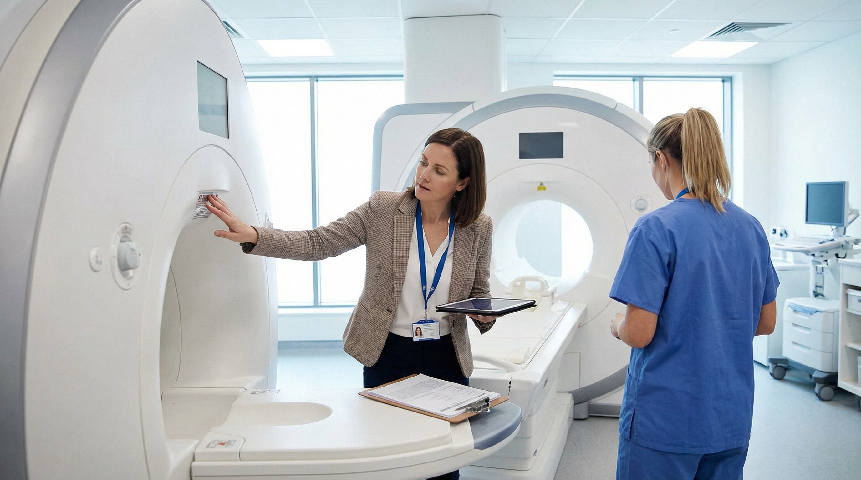 medical equipment appraisal professional examining diagnostic equipment in modern healthcare facility