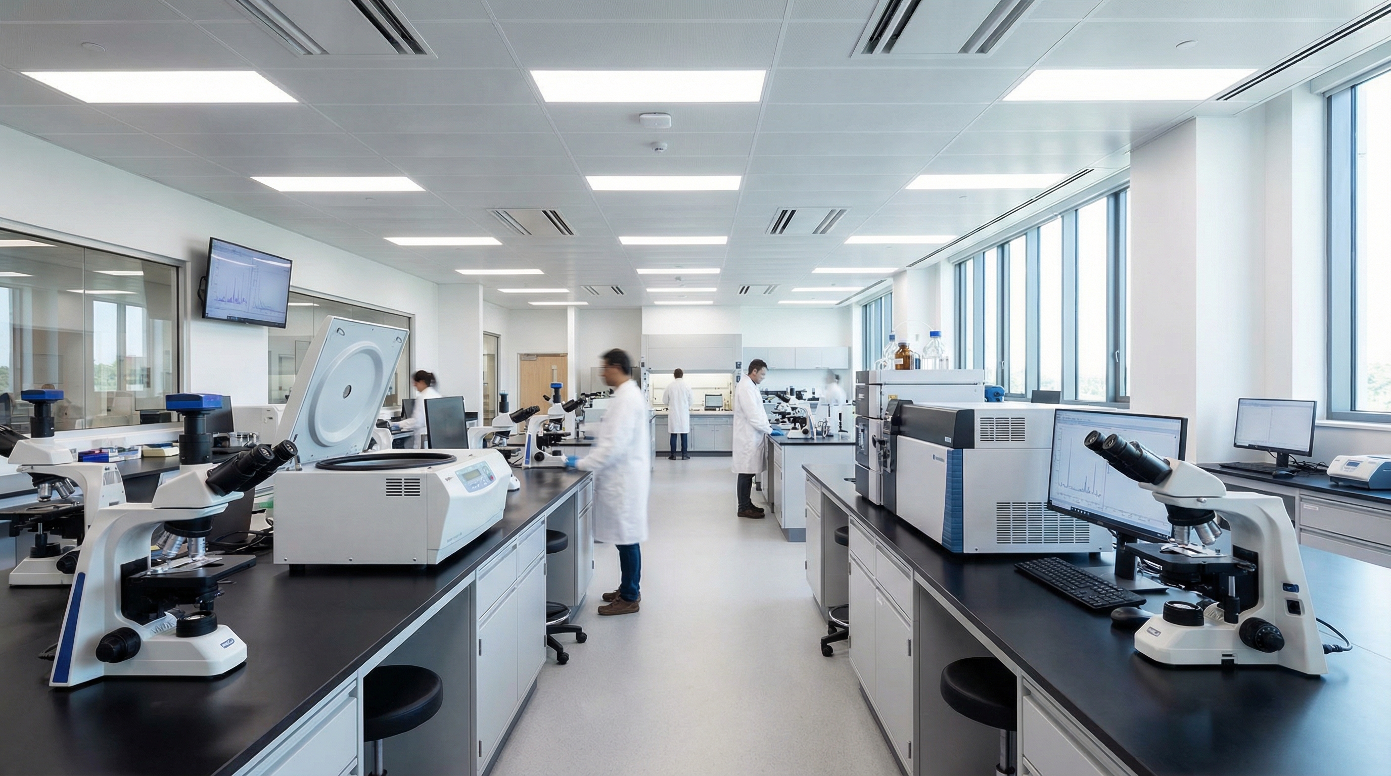 modern laboratory with various scientific equipment including microscopes, centrifuges, and analytical instruments arranged on benches with proper lighting
