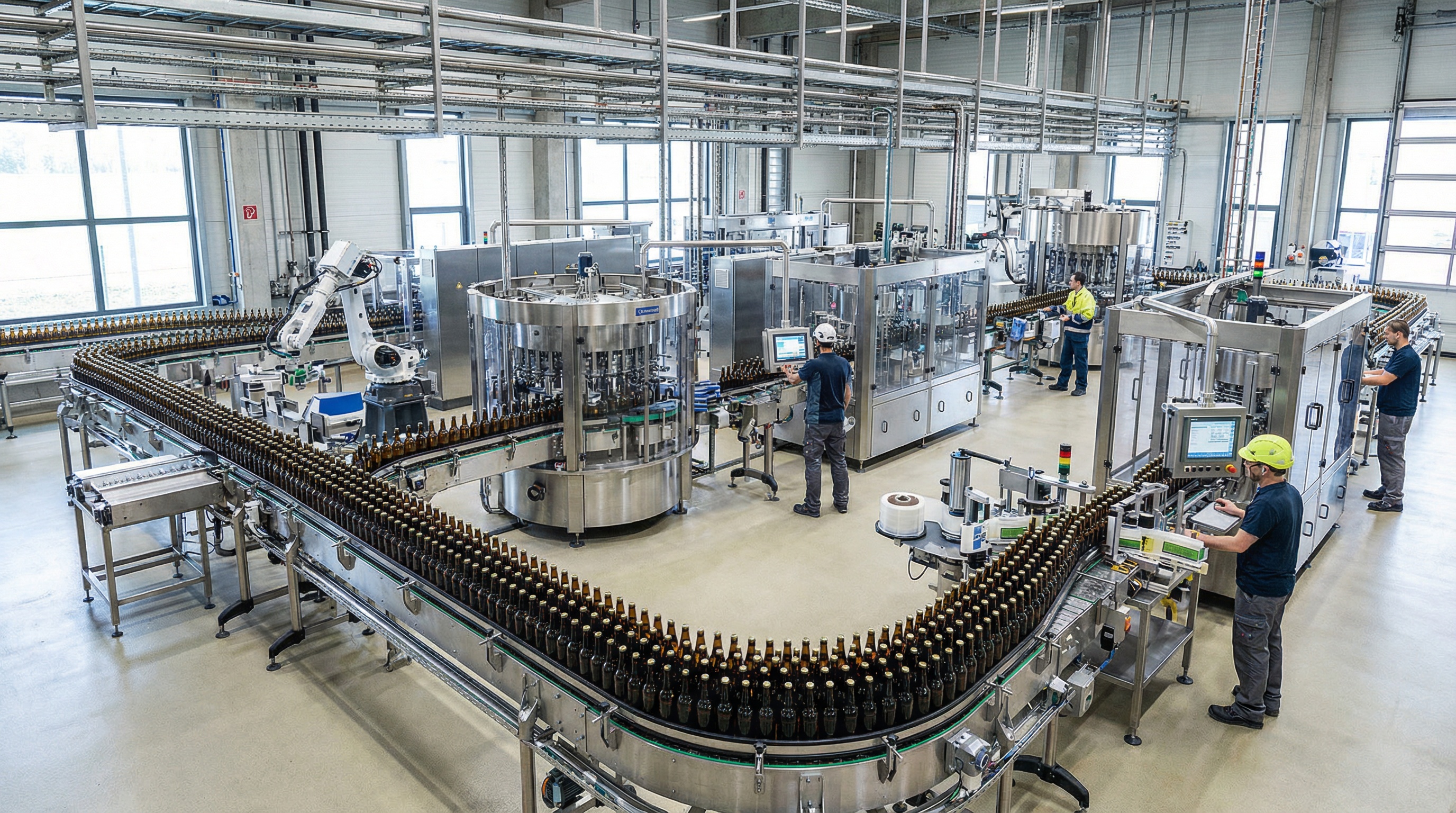 Integrated beverage production line with bottling, capping, and labeling equipment