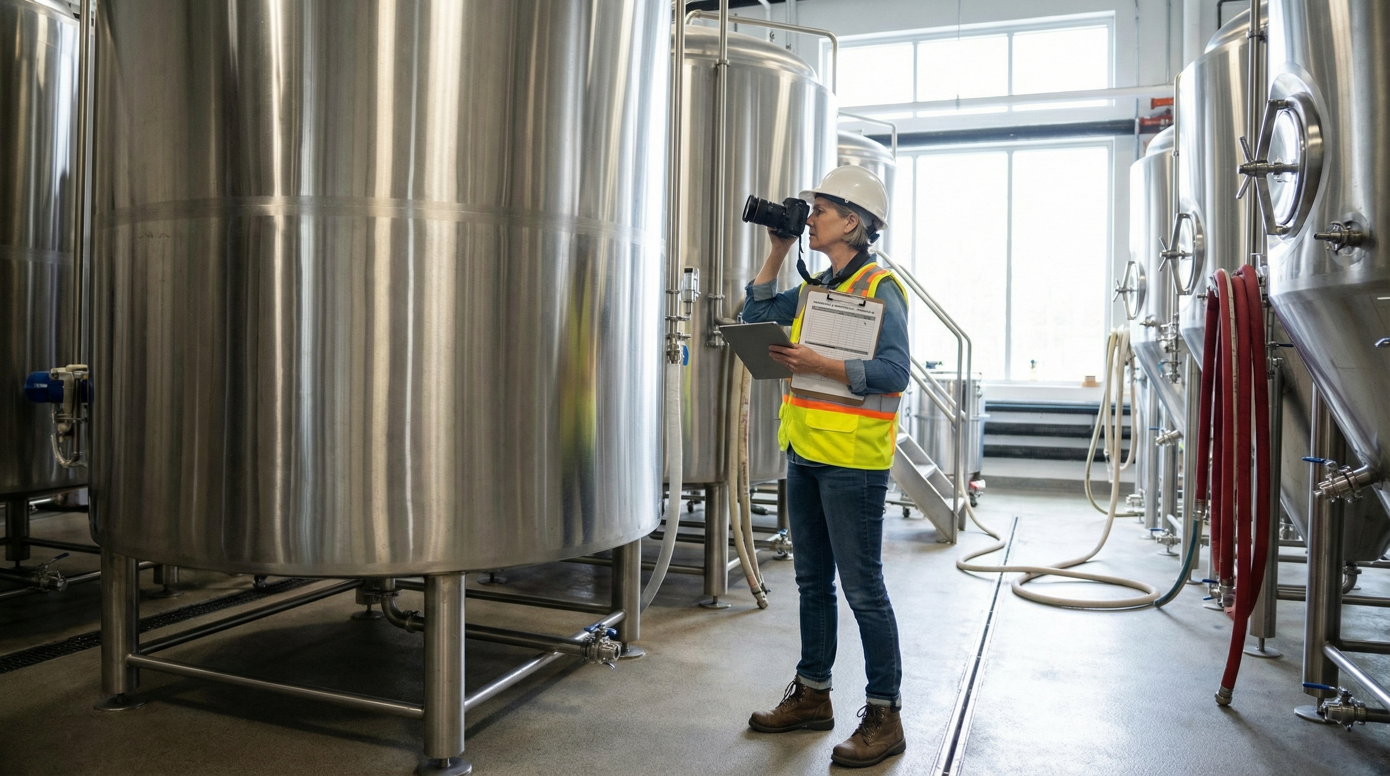 Appraiser documenting brewery fermentation tanks with maintenance records