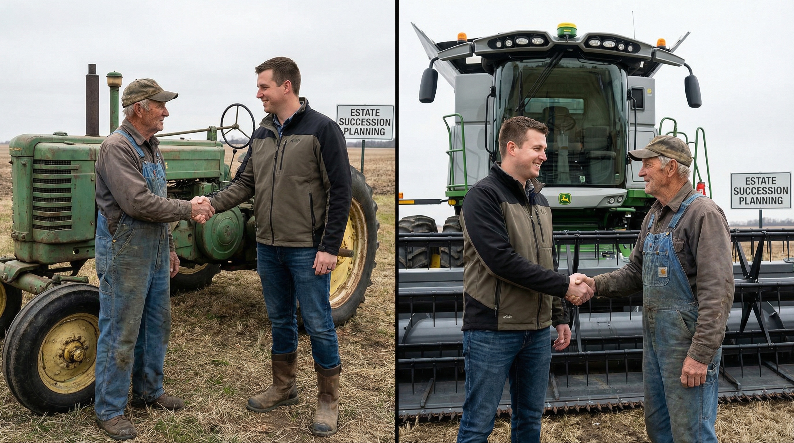 Split screen showing an older farmer shaking hands with a younger farmer next to farm equipment, representing estate succession planning