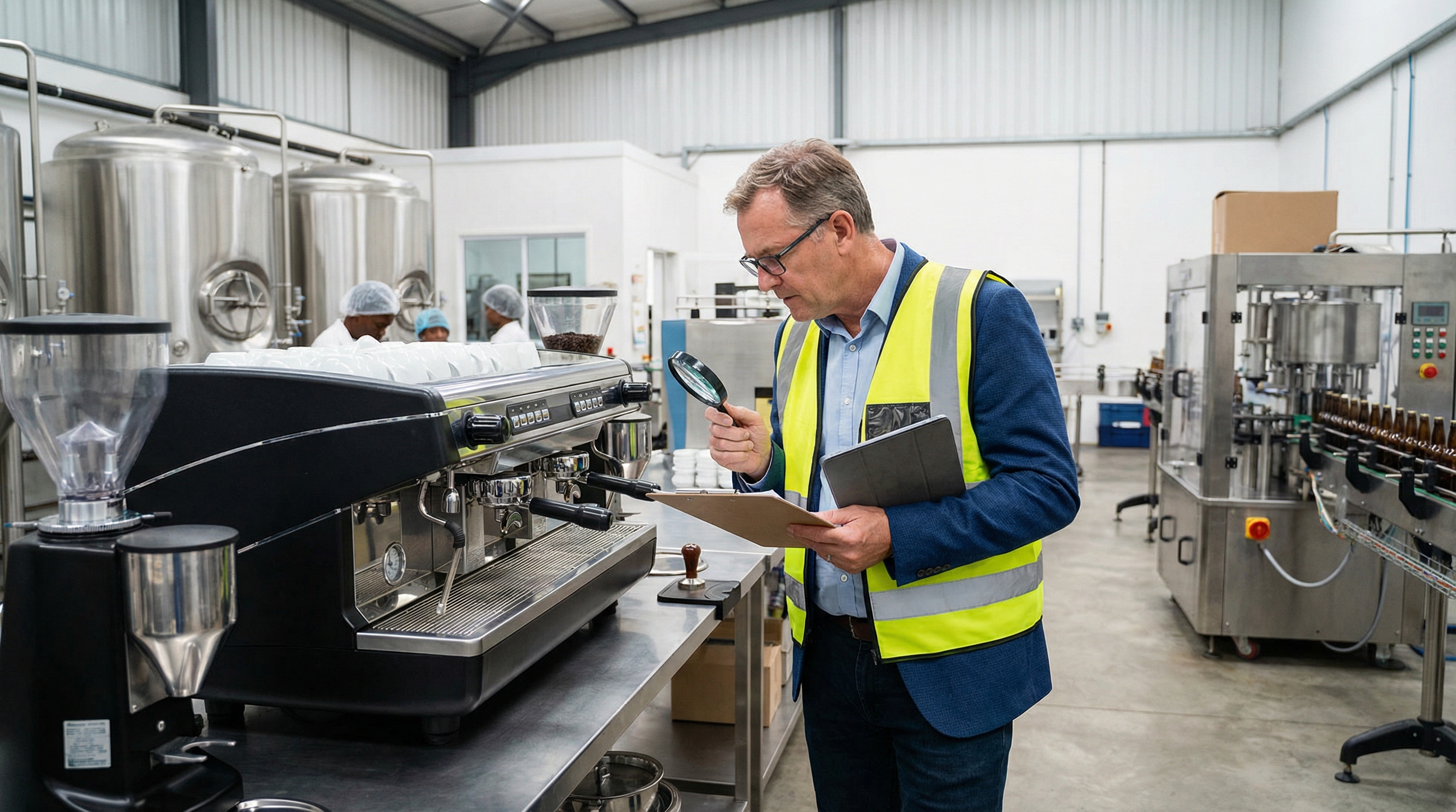 Professional appraiser examining beverage equipment in commercial facility