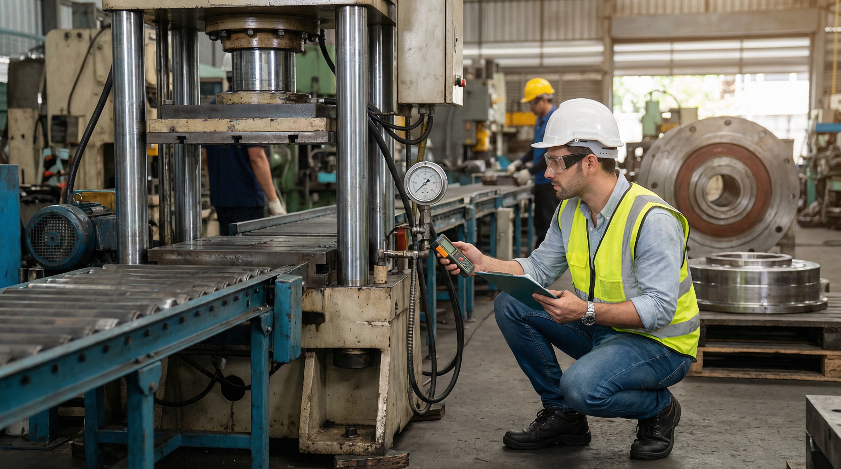 appraiser inspecting industrial machinery with clipboard and measuring tools