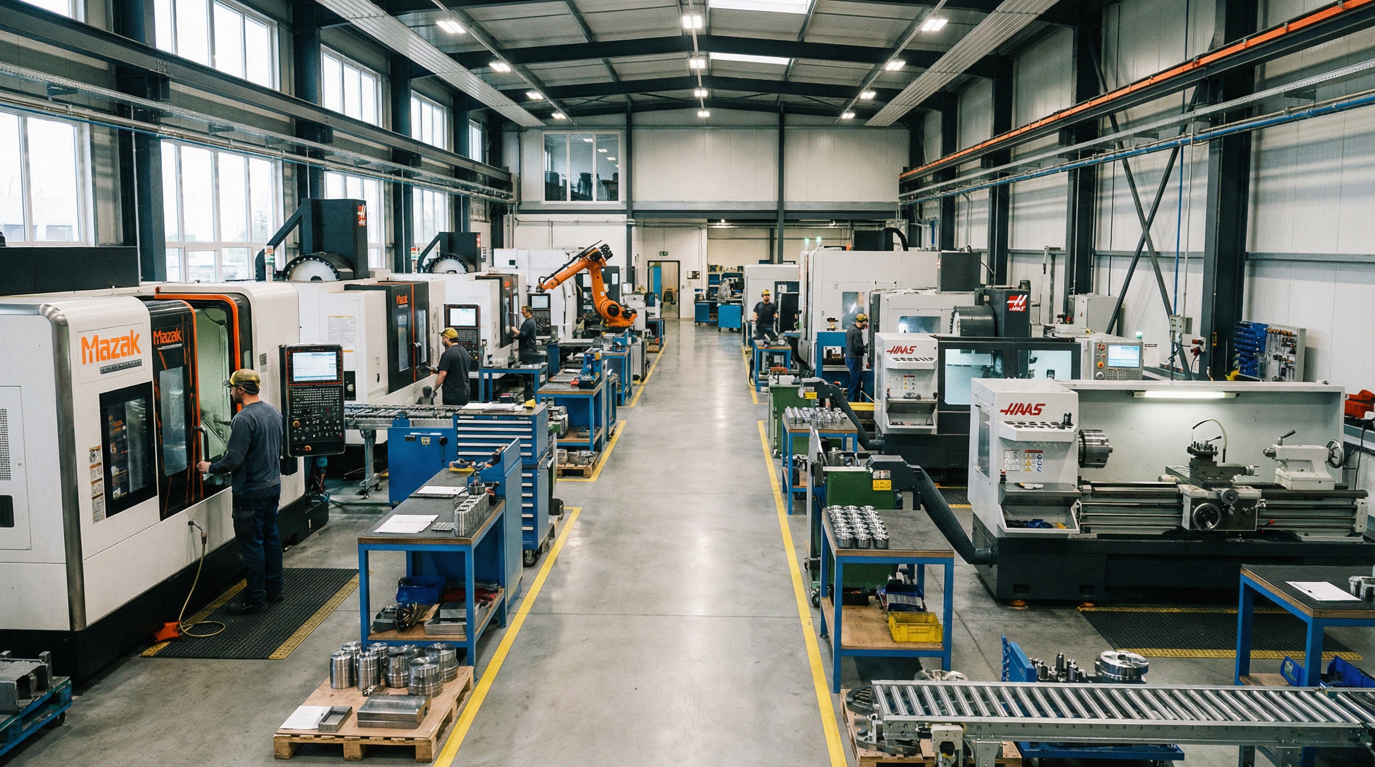 Professional metalworking shop with CNC machines and lathes